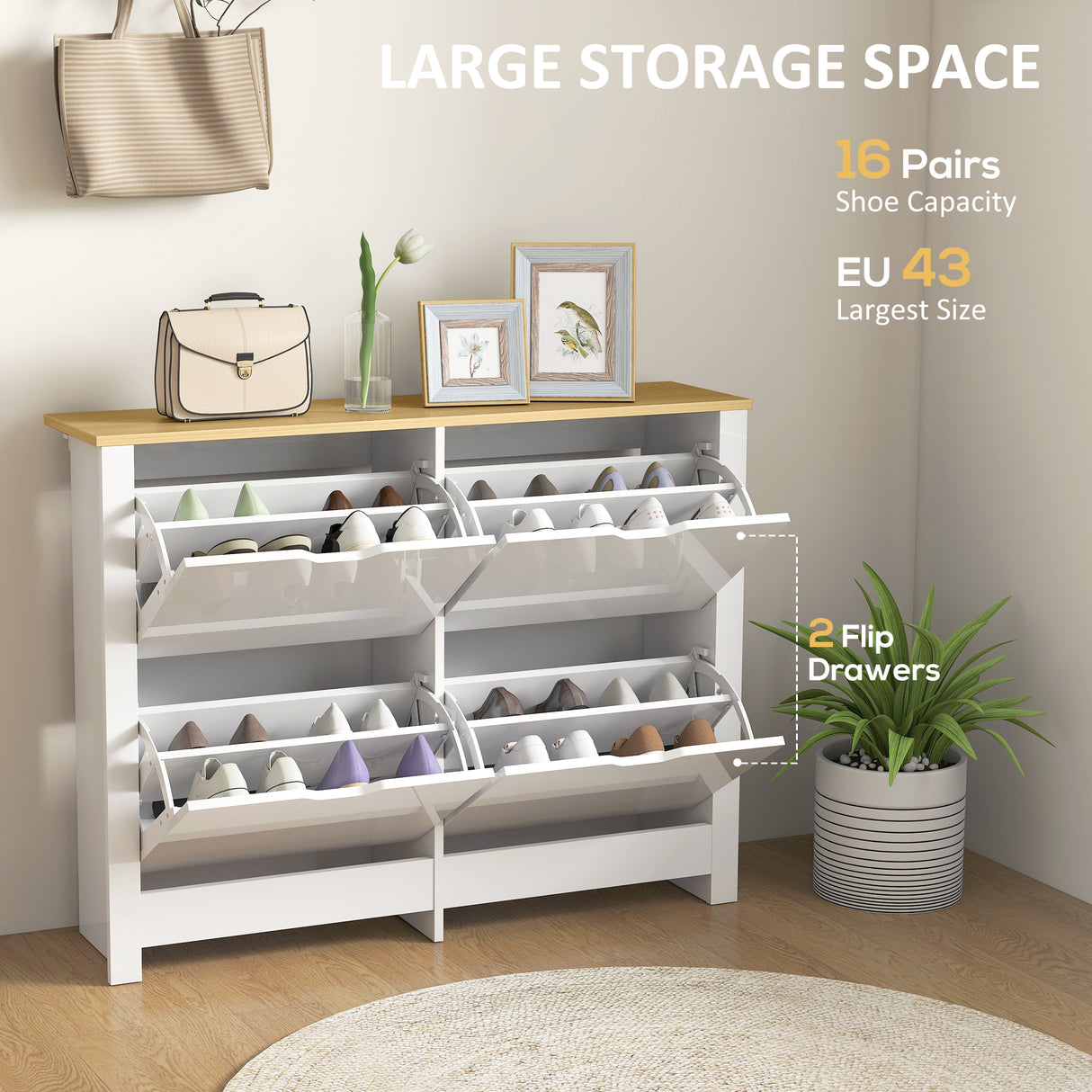 High Gloss Shoe Storage Cabinet 105cm Wide With 4 Flip Doors - Velmora