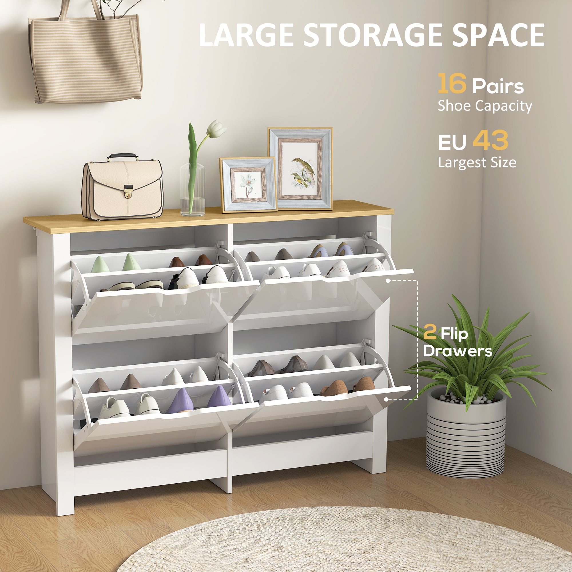 High Gloss Shoe Storage Cabinet 105cm Wide With 4 Flip Doors - Velmora