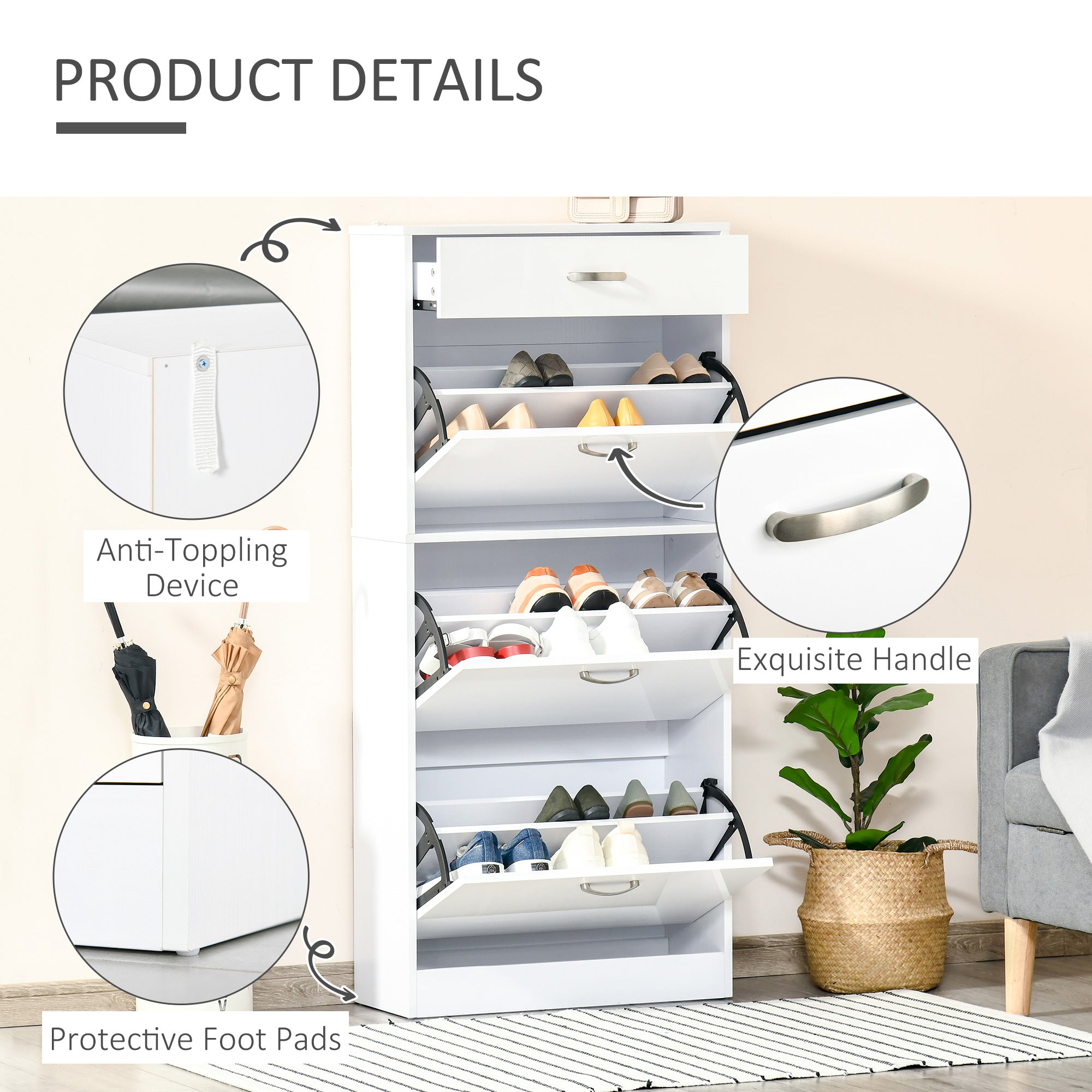 High Gloss Shoe Storage Cabinet 62cm Wide With 3 Flip Doors And 1 Drawer - Velmora