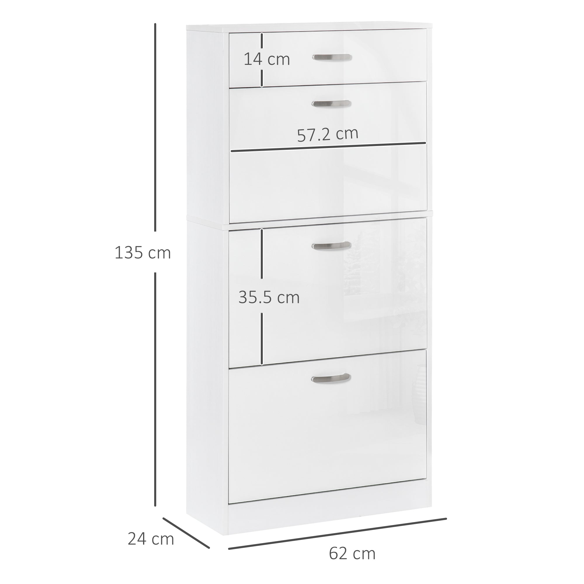 High Gloss Shoe Storage Cabinet 62cm Wide With 3 Flip Doors And 1 Drawer - Velmora