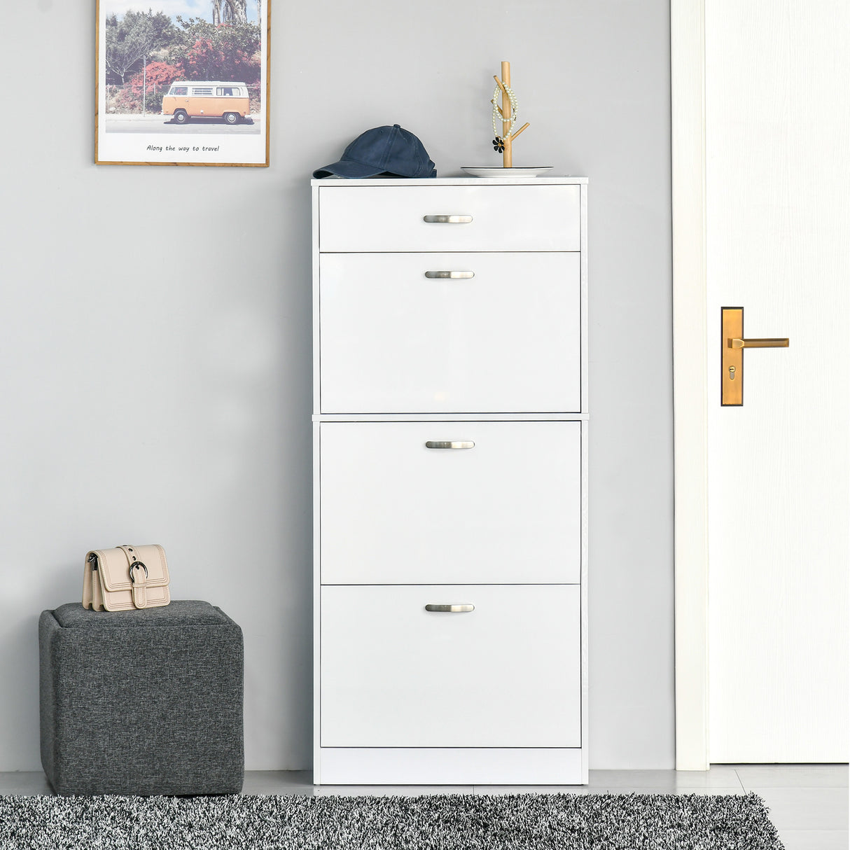High Gloss Shoe Storage Cabinet 62cm Wide With 3 Flip Doors And 1 Drawer - Velmora
