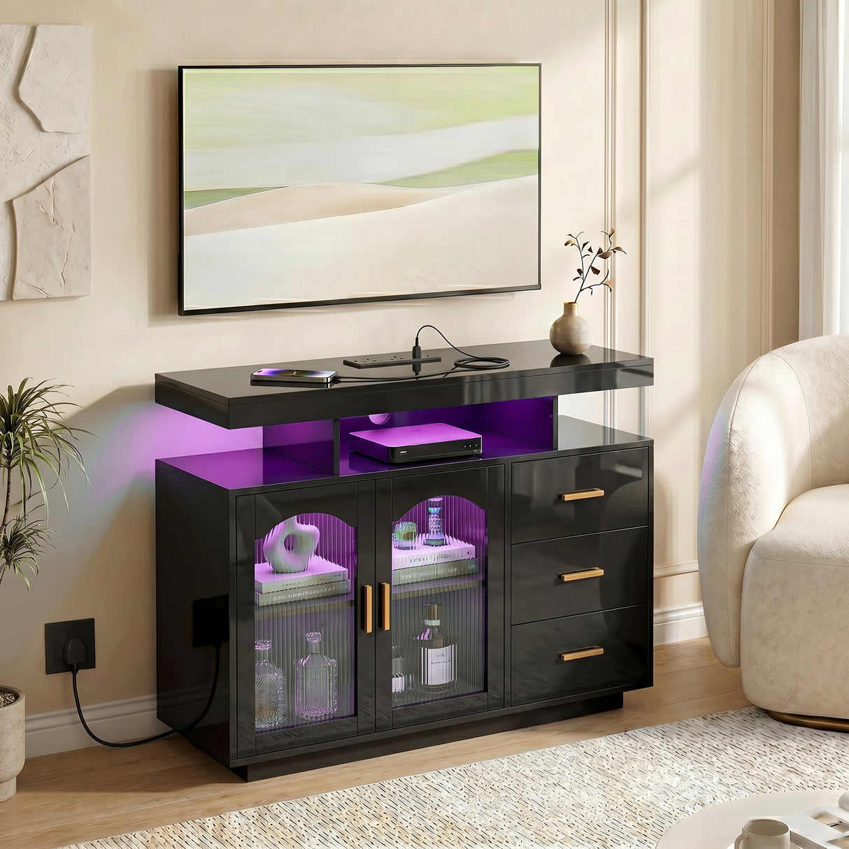 High Gloss Sideboard 100cm Wide With 2 Doors 3 Drawers And LED Lights - Velmora
