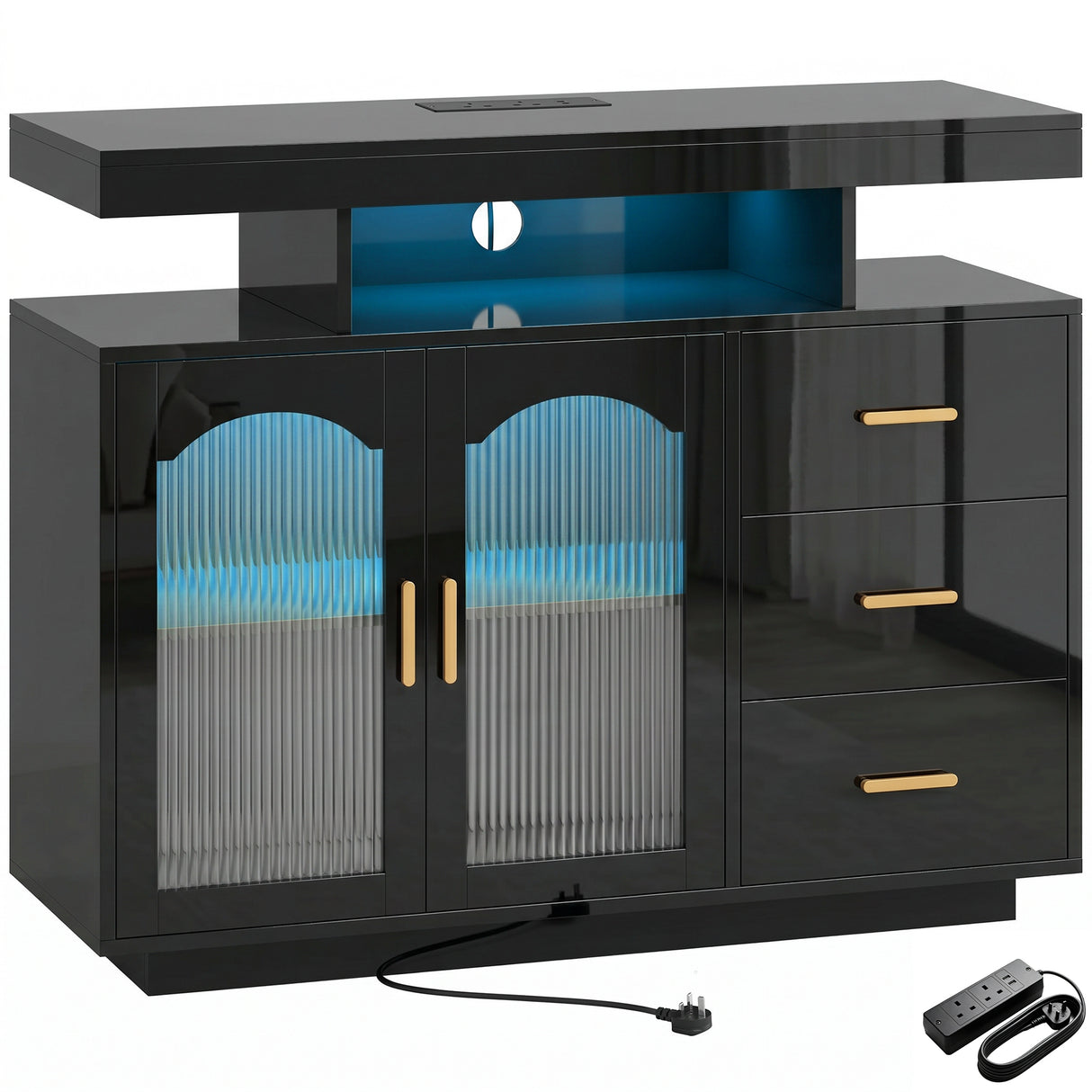 High Gloss Sideboard 100cm Wide With 2 Doors 3 Drawers And LED Lights - Velmora