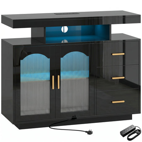 High Gloss Sideboard 100cm Wide With 2 Doors 3 Drawers And LED Lights - Velmora