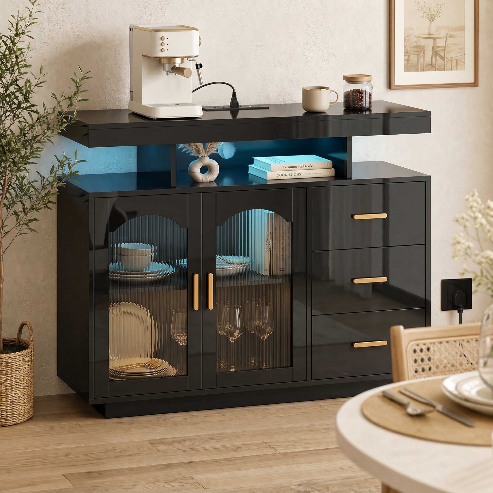 High Gloss Sideboard 100cm Wide With 2 Doors 3 Drawers And LED Lights - Velmora