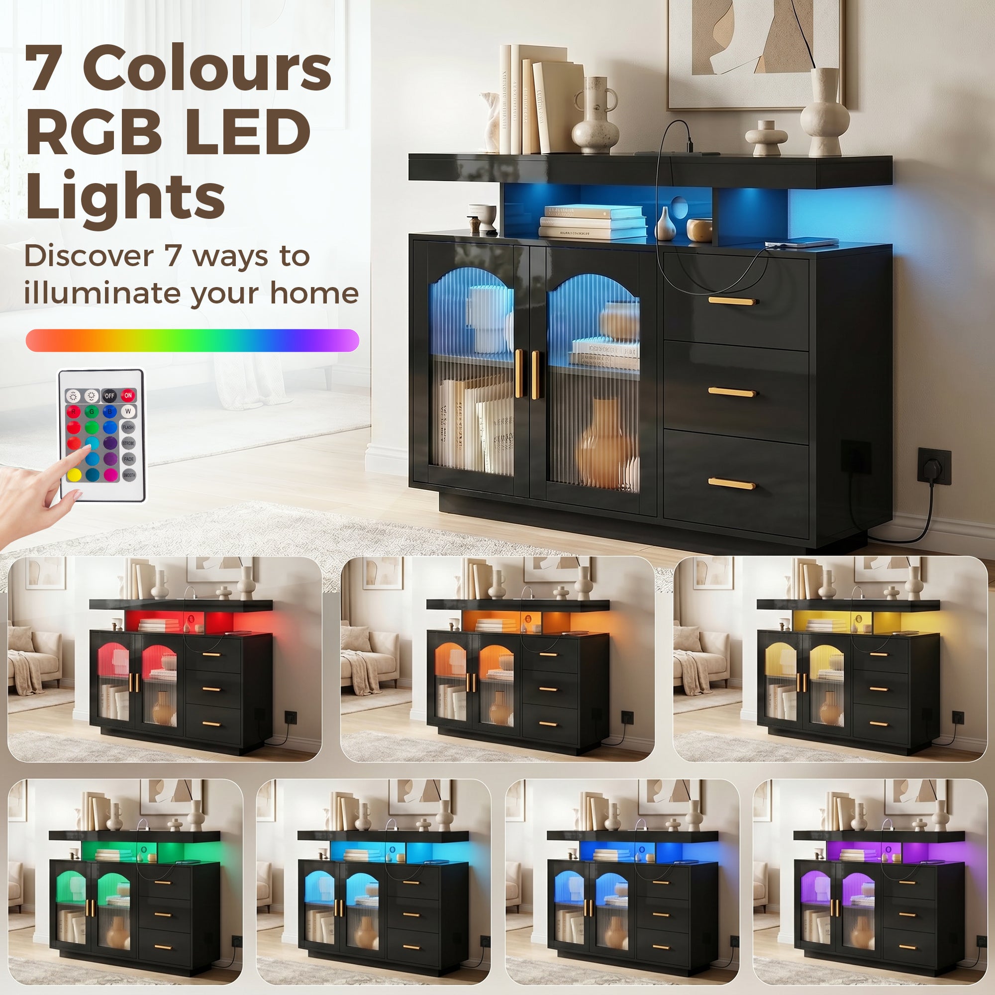 High Gloss Sideboard 100cm Wide With 2 Doors 3 Drawers And LED Lights - Velmora
