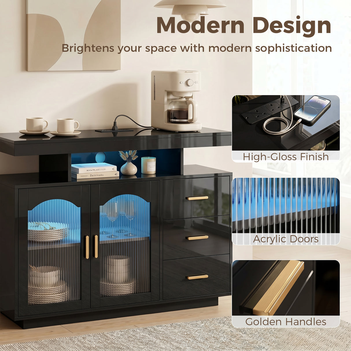 High Gloss Sideboard 100cm Wide With 2 Doors 3 Drawers And LED Lights - Velmora