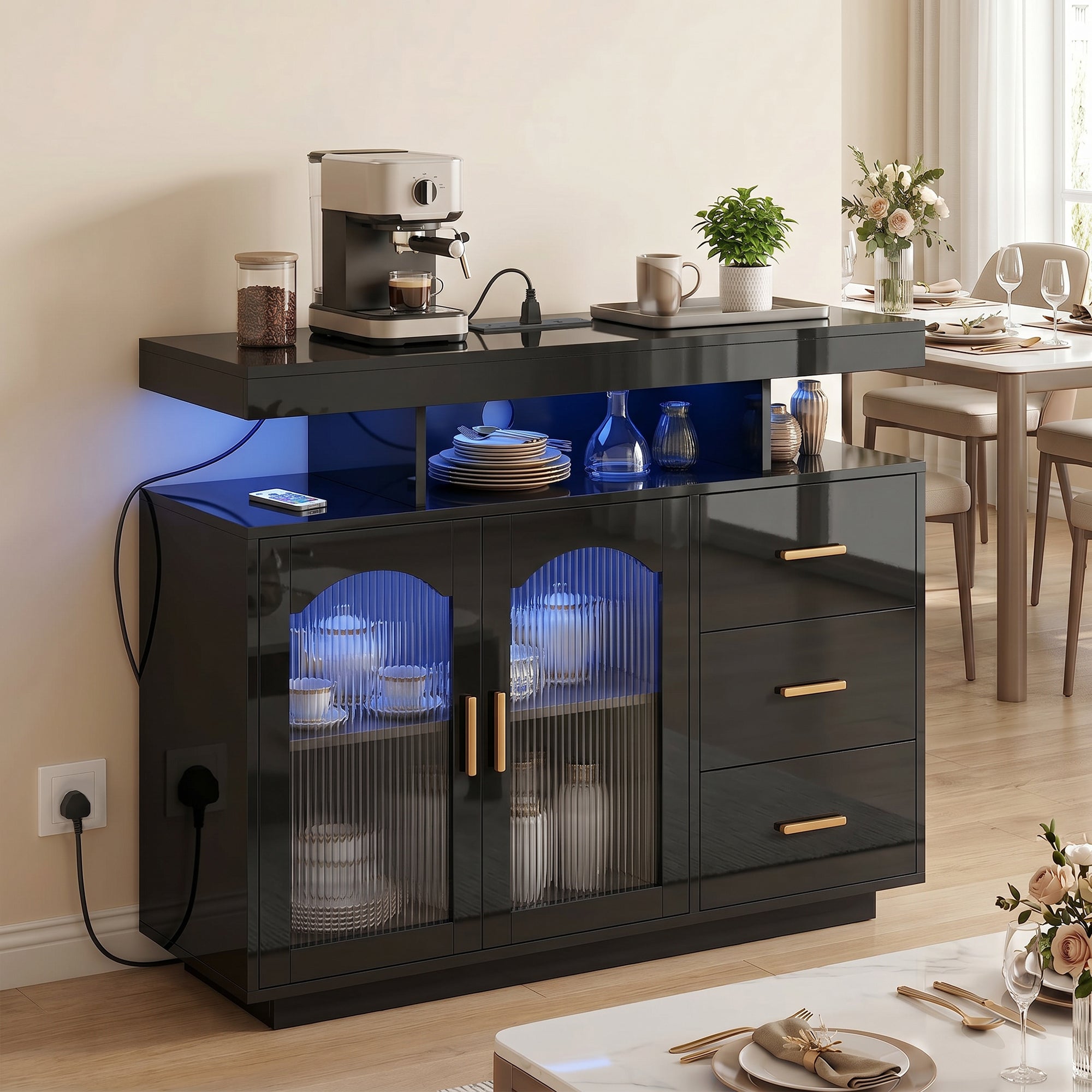High Gloss Sideboard 100cm Wide With 2 Doors 3 Drawers And LED Lights - Velmora