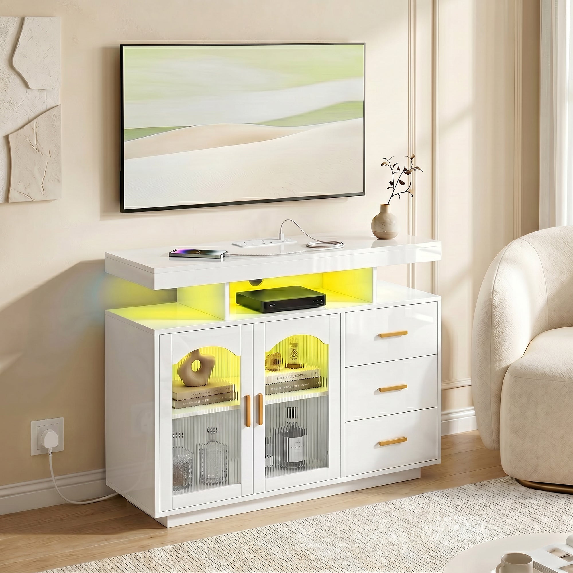 High Gloss Sideboard 100cm Wide With 2 Doors 3 Drawers And LED Lights - Velmora