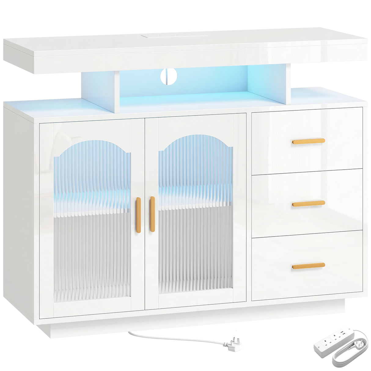 High Gloss Sideboard 100cm Wide With 2 Doors 3 Drawers And LED Lights - Velmora