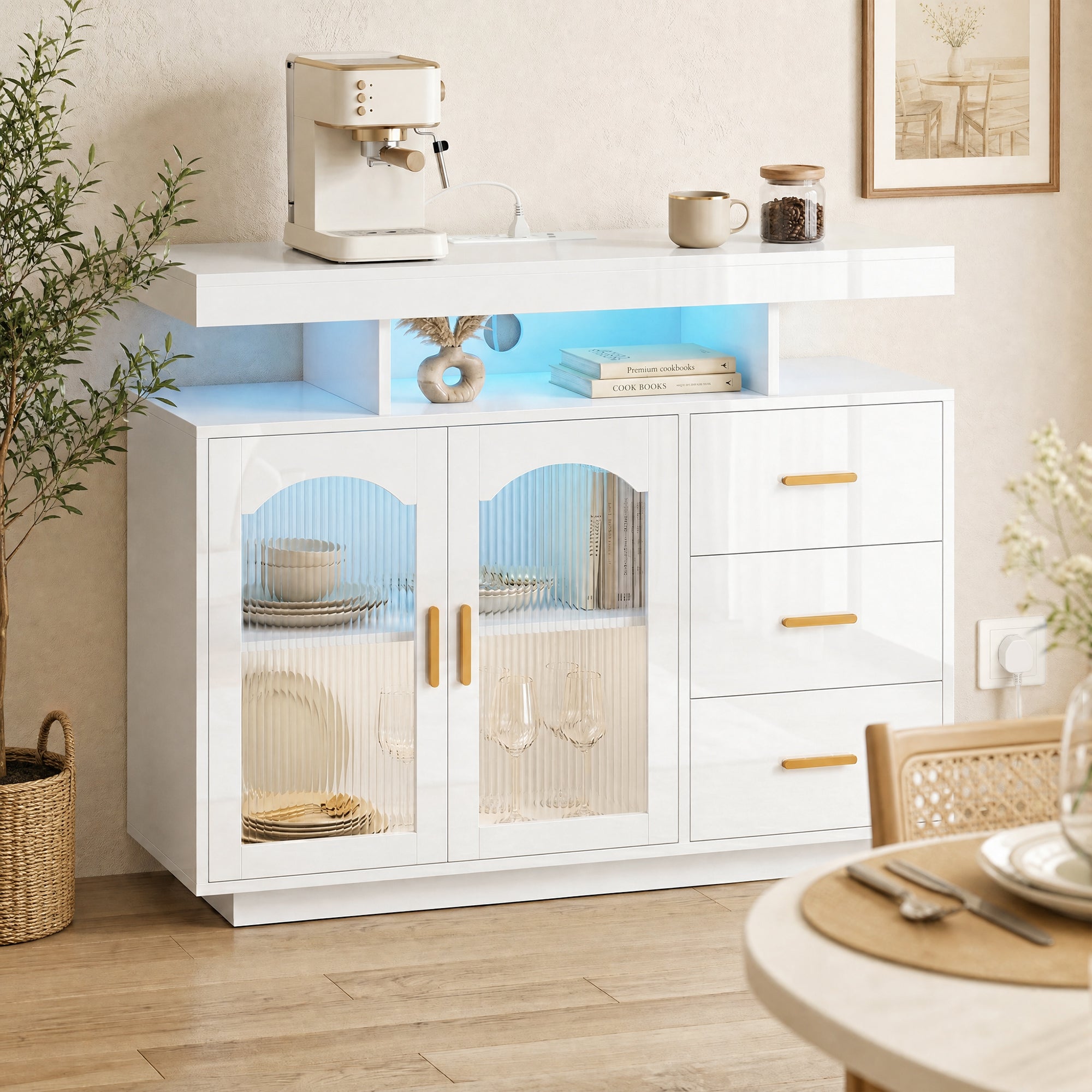 High Gloss Sideboard 100cm Wide With 2 Doors 3 Drawers And LED Lights - Velmora