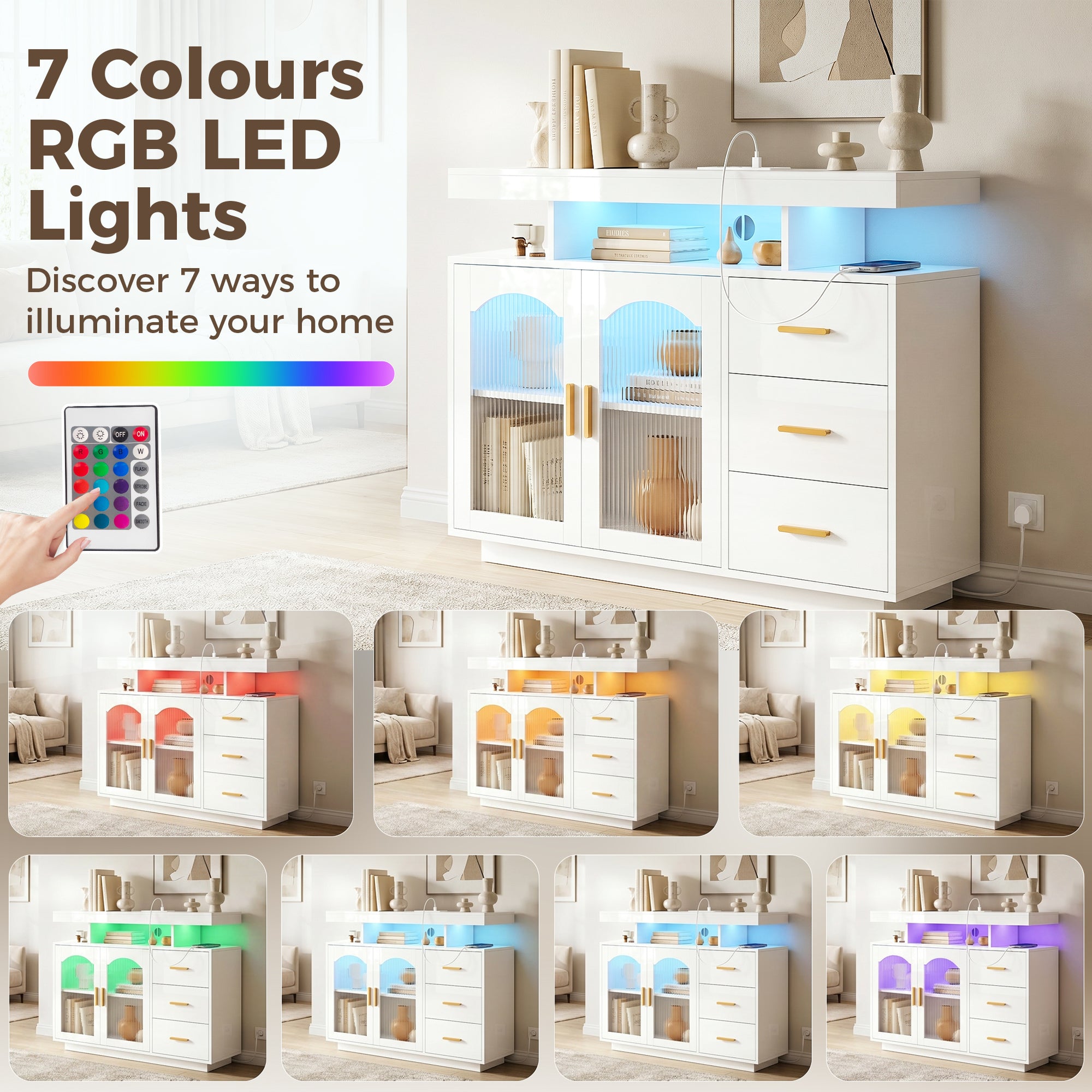 High Gloss Sideboard 100cm Wide With 2 Doors 3 Drawers And LED Lights - Velmora