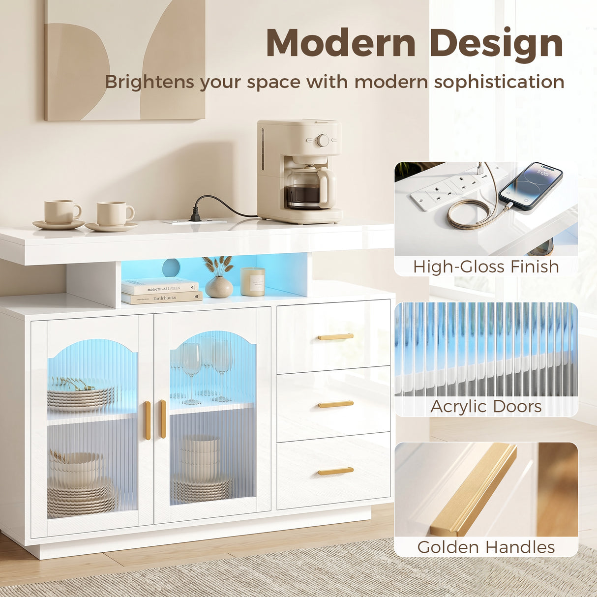 High Gloss Sideboard 100cm Wide With 2 Doors 3 Drawers And LED Lights - Velmora