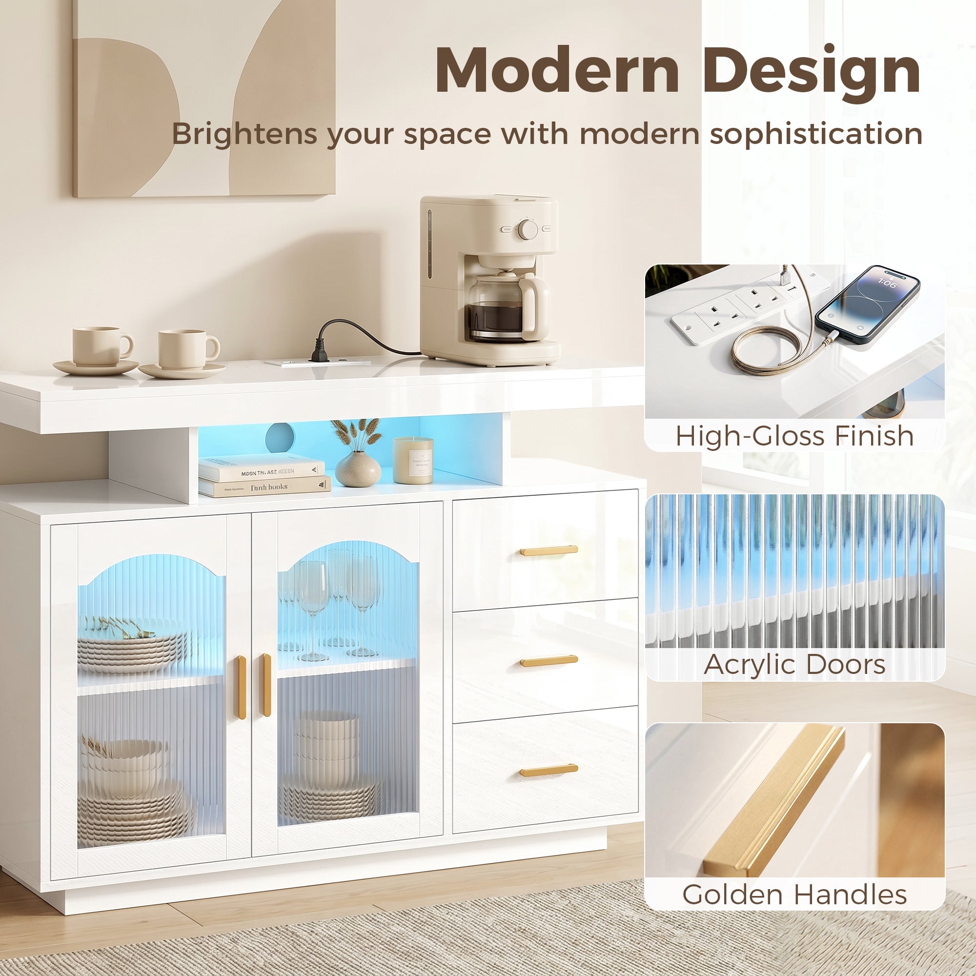 High Gloss Sideboard 100cm Wide With 2 Doors 3 Drawers And LED Lights - Velmora