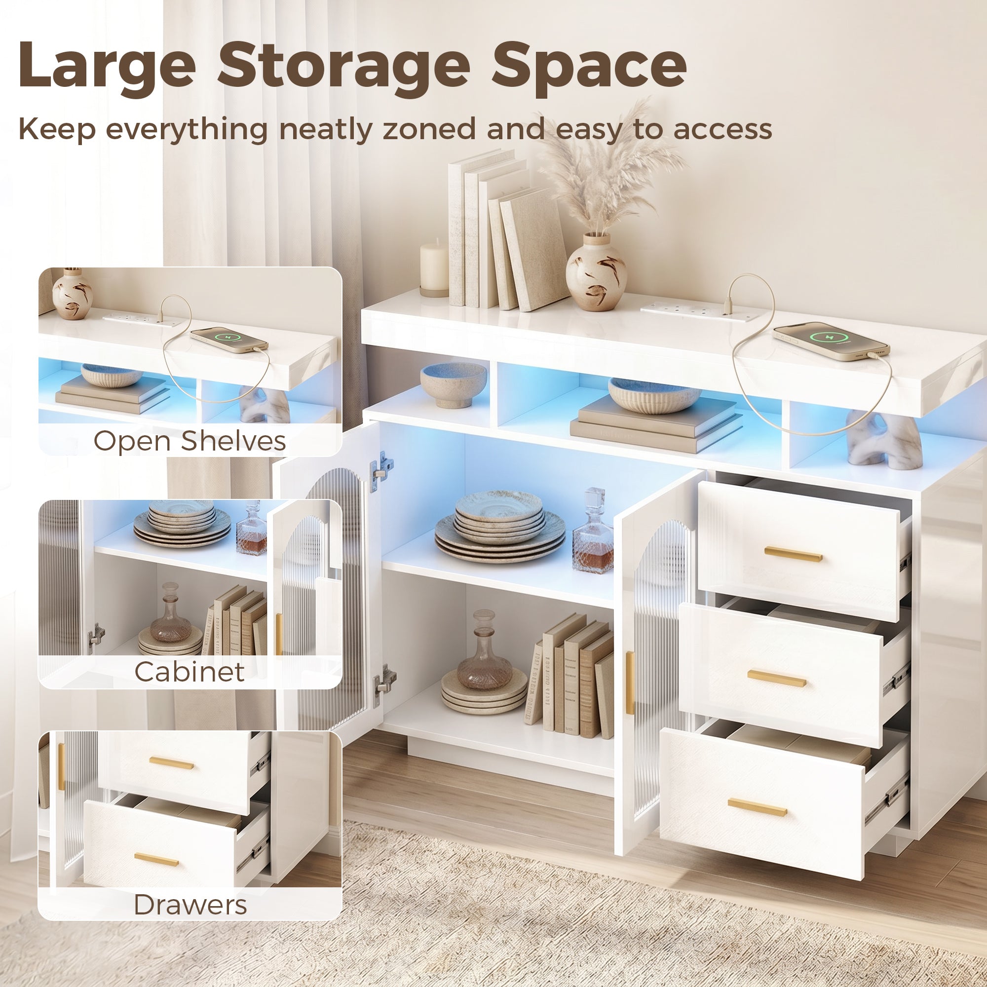 High Gloss Sideboard 100cm Wide With 2 Doors 3 Drawers And LED Lights - Velmora