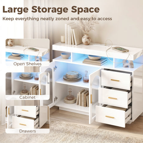 High Gloss Sideboard 100cm Wide With 2 Doors 3 Drawers And LED Lights - Velmora