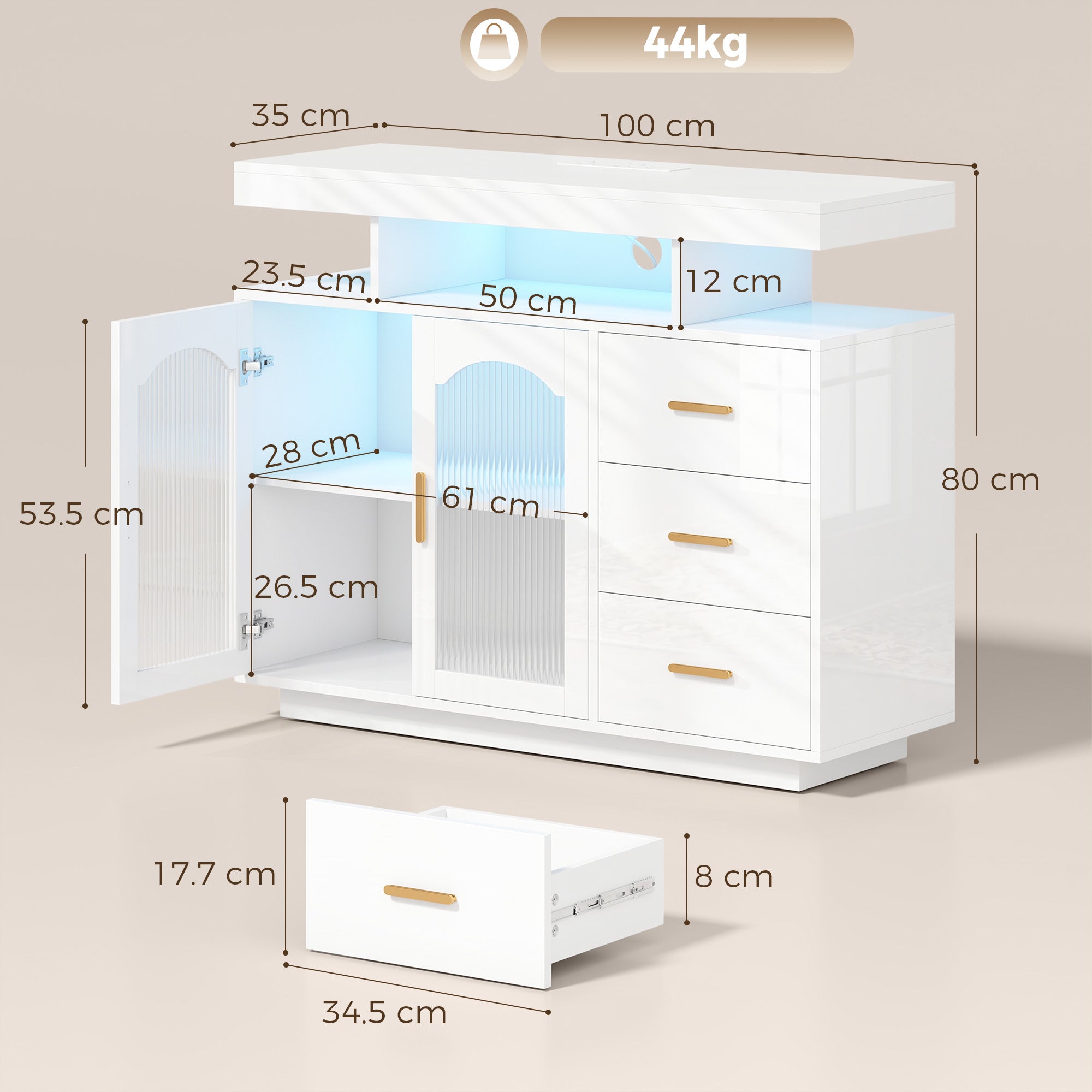 High Gloss Sideboard 100cm Wide With 2 Doors 3 Drawers And LED Lights - Velmora