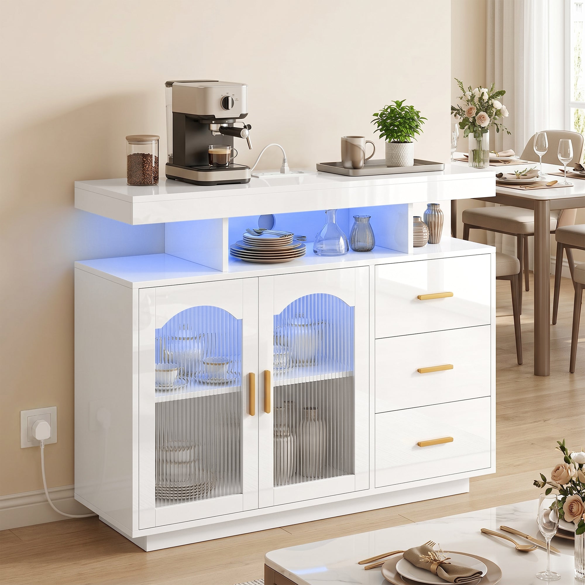 High Gloss Sideboard 100cm Wide With 2 Doors 3 Drawers And LED Lights - Velmora