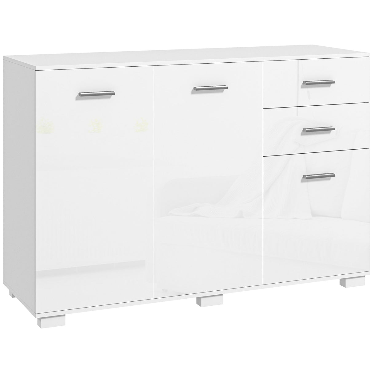 High Gloss Sideboard 106cm Wide With 3 Doors 2 Drawers And Polished Handles - Velmora