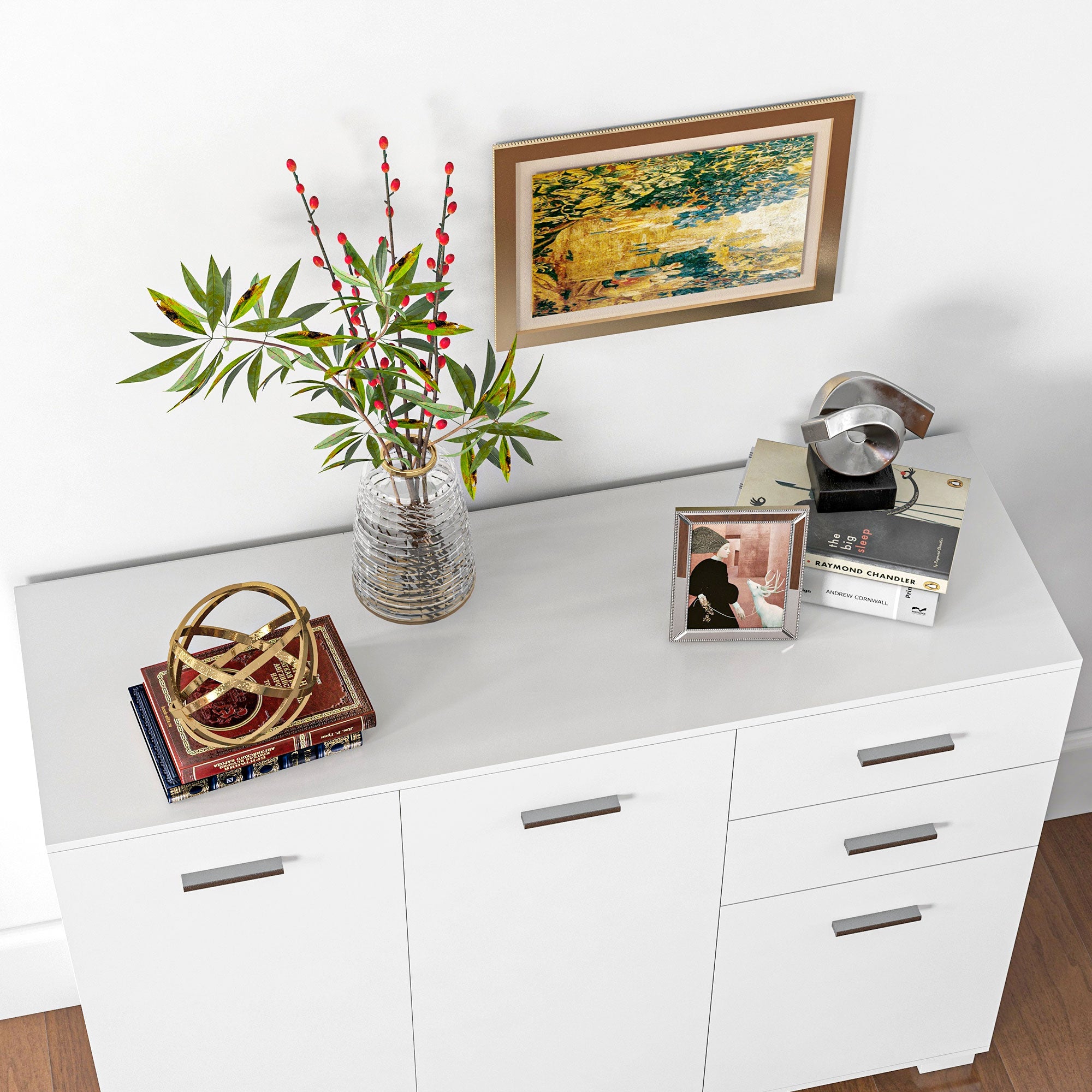 High Gloss Sideboard 106cm Wide With 3 Doors 2 Drawers And Polished Handles - Velmora