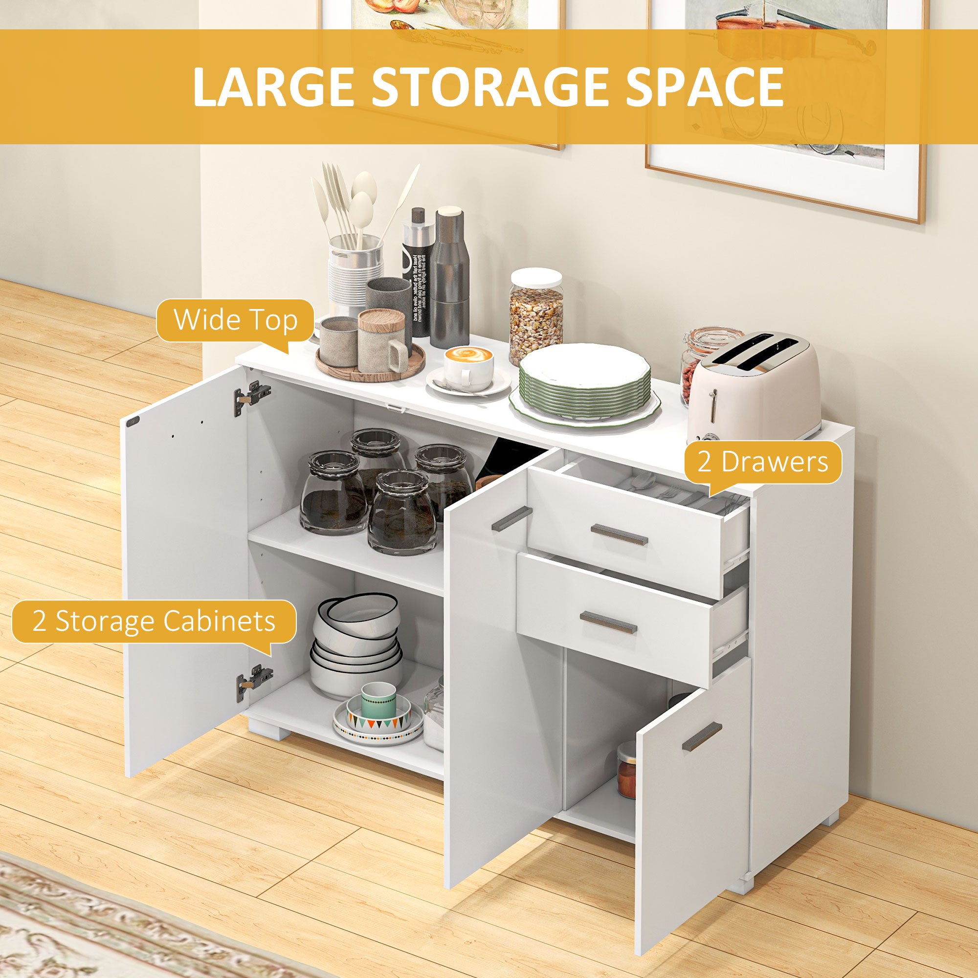 High Gloss Sideboard 106cm Wide With 3 Doors 2 Drawers And Polished Handles - Velmora