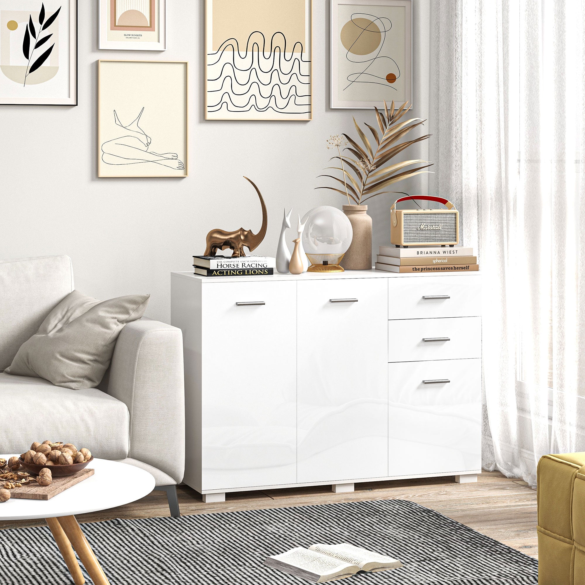 High Gloss Sideboard 106cm Wide With 3 Doors 2 Drawers And Polished Handles - Velmora