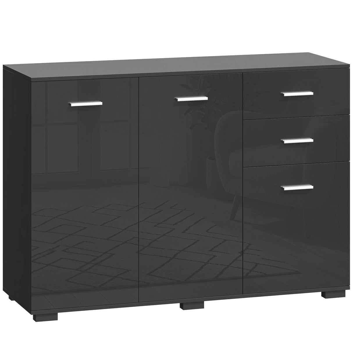 High Gloss Sideboard 106cm Wide With 3 Doors 2 Drawers And Polished Handles - Velmora