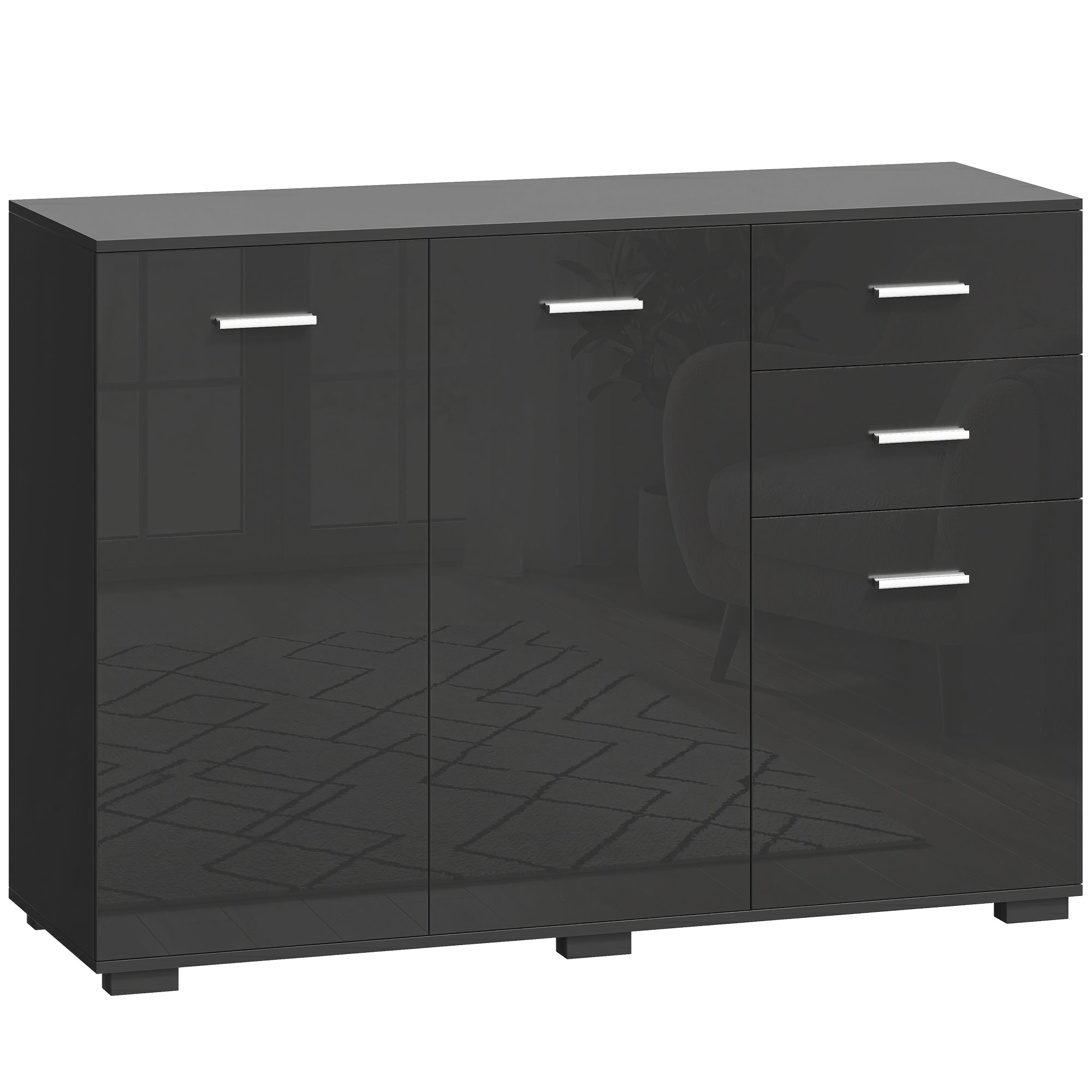 High Gloss Sideboard 106cm Wide With 3 Doors 2 Drawers And Polished Handles - Velmora