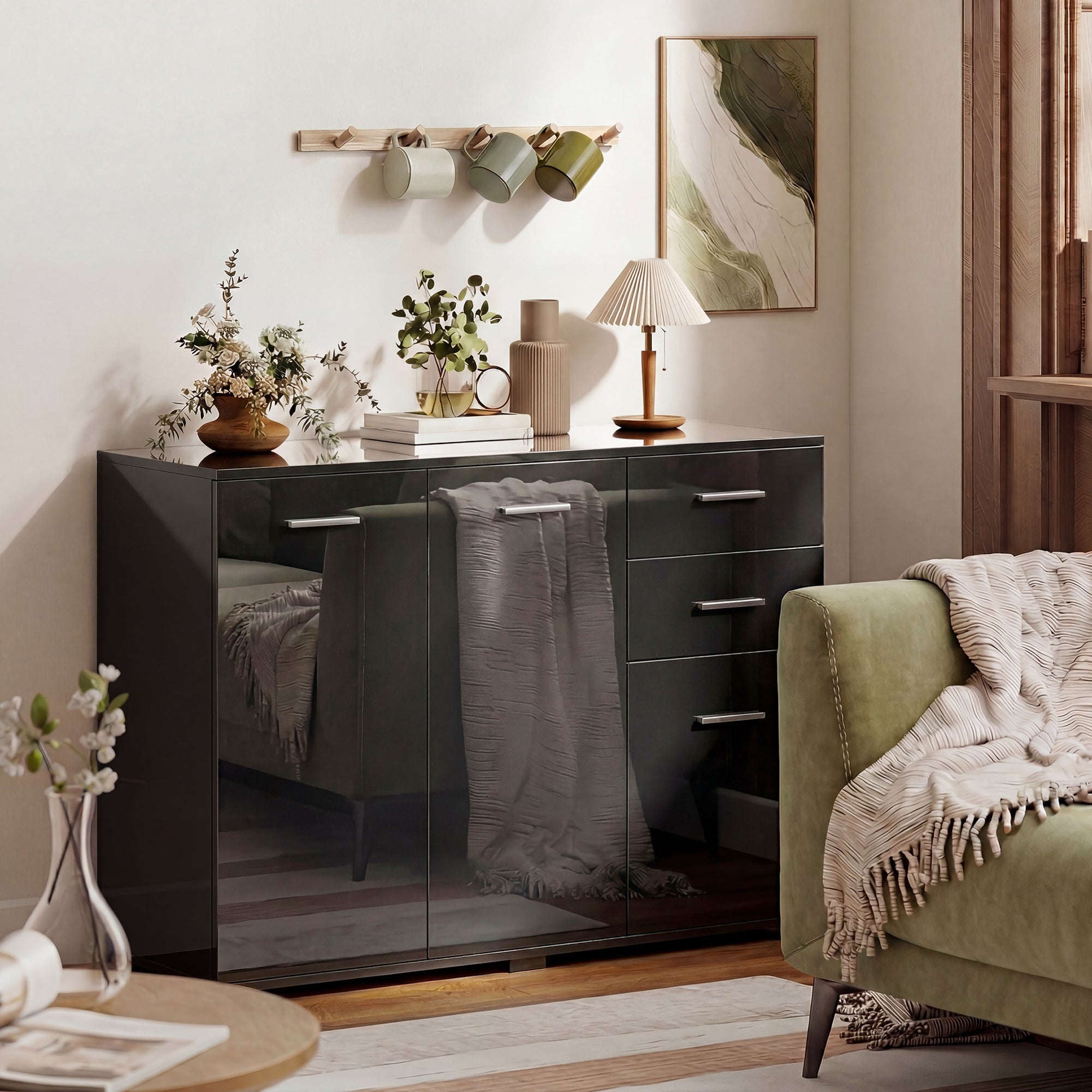 High Gloss Sideboard 106cm Wide With 3 Doors 2 Drawers And Polished Handles - Velmora