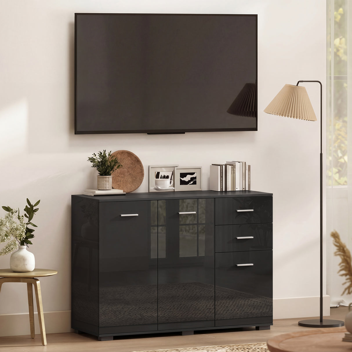 High Gloss Sideboard 106cm Wide With 3 Doors 2 Drawers And Polished Handles - Velmora