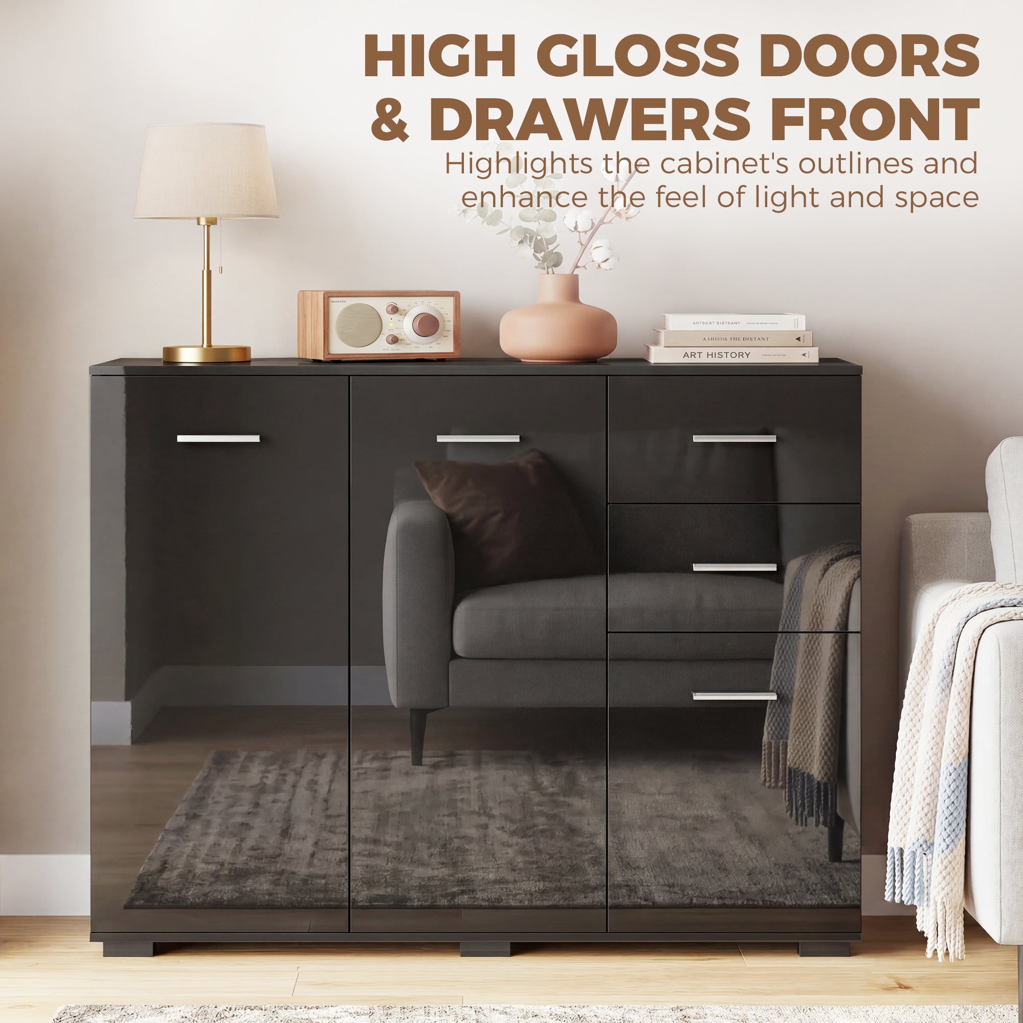 High Gloss Sideboard 106cm Wide With 3 Doors 2 Drawers And Polished Handles - Velmora