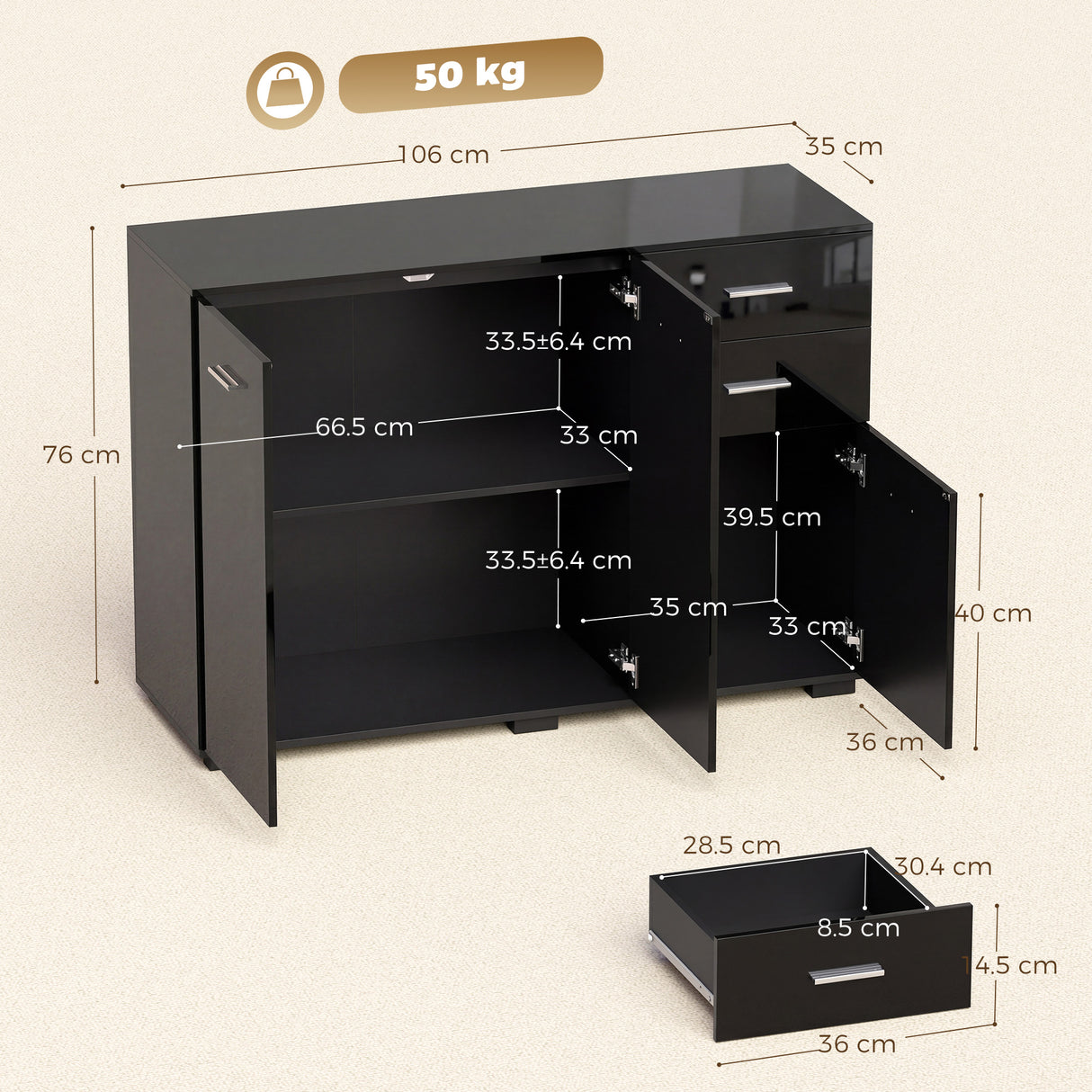High Gloss Sideboard 106cm Wide With 3 Doors 2 Drawers And Polished Handles - Velmora
