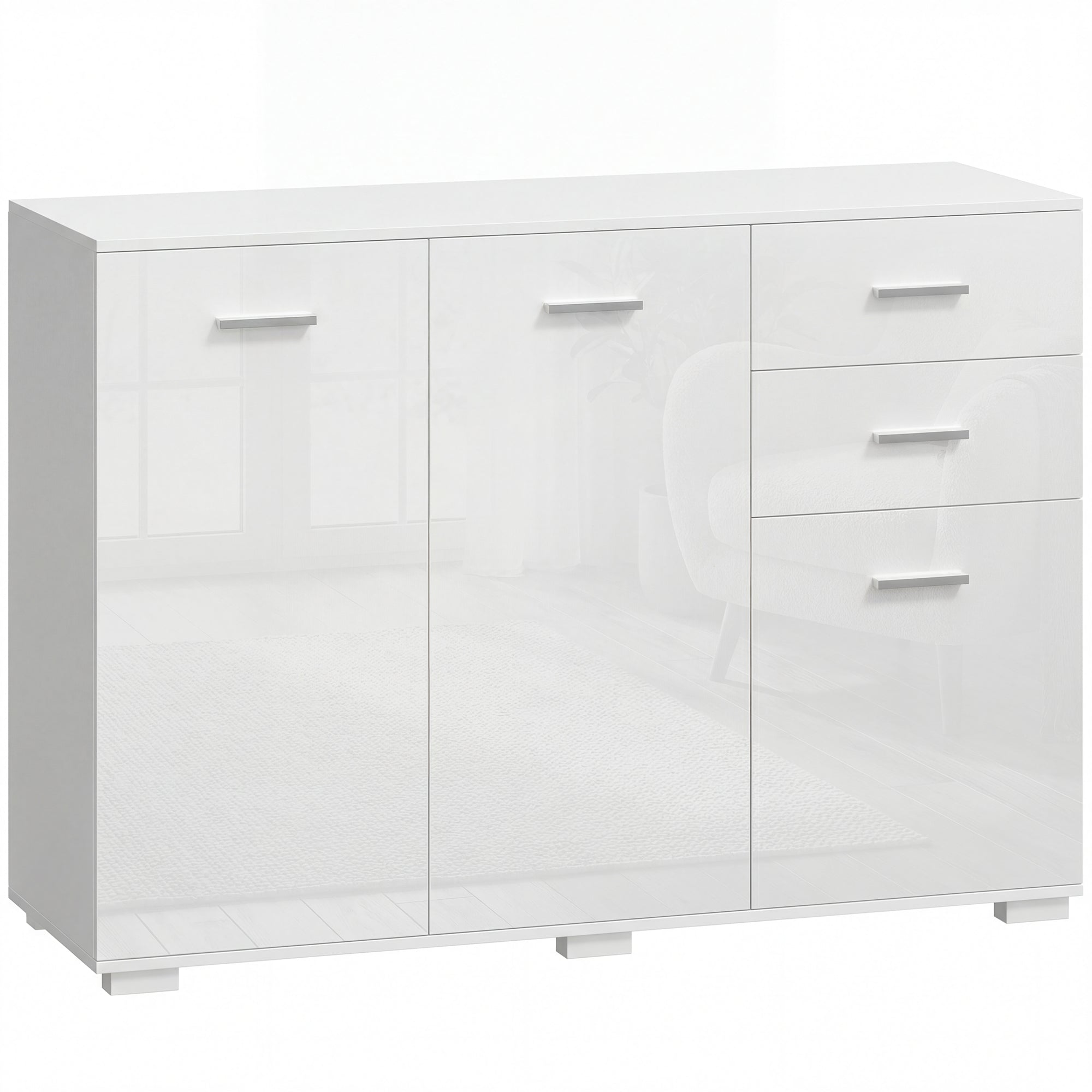 High Gloss Sideboard 106cm Wide With 3 Doors And 2 Drawers - Velmora