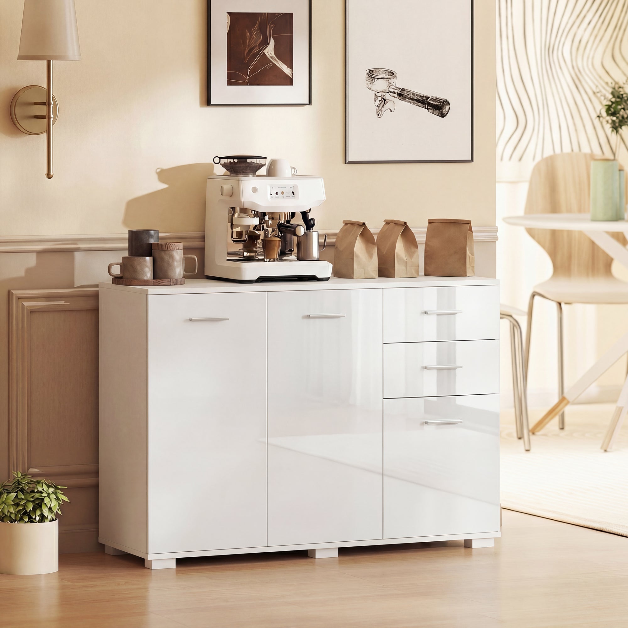 High Gloss Sideboard 106cm Wide With 3 Doors And 2 Drawers - Velmora