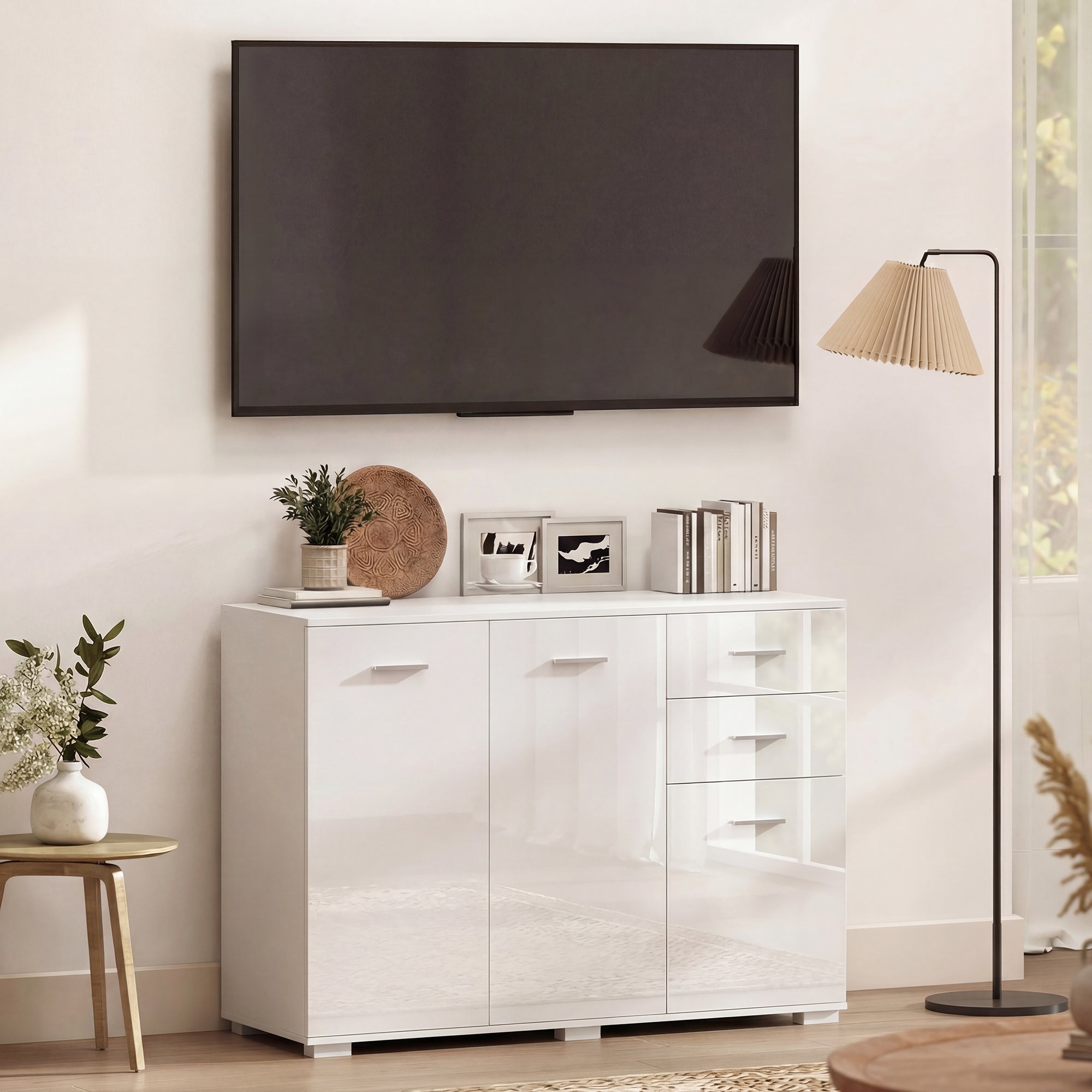 High Gloss Sideboard 106cm Wide With 3 Doors And 2 Drawers - Velmora