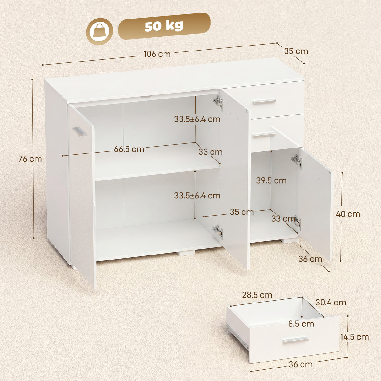 High Gloss Sideboard 106cm Wide With 3 Doors And 2 Drawers - Velmora