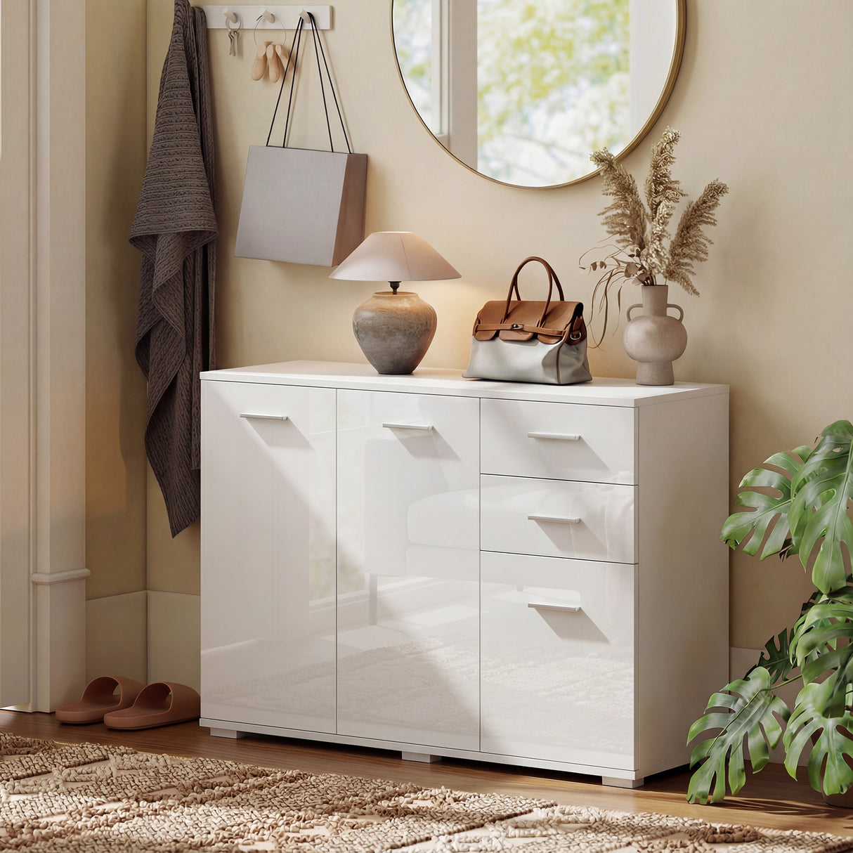 High Gloss Sideboard 106cm Wide With 3 Doors And 2 Drawers - Velmora