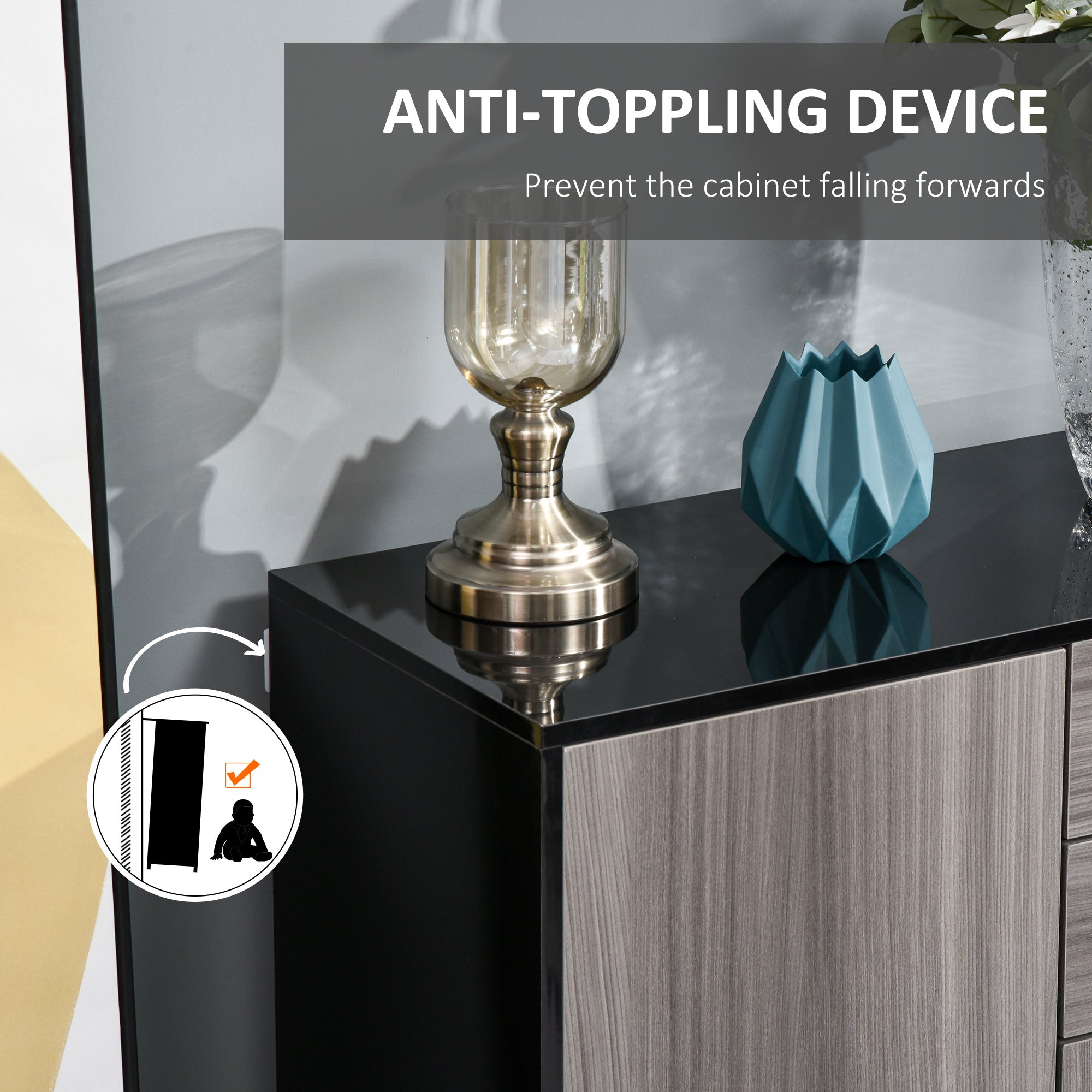 High Gloss Sideboard 117cm Wide With 3 Doors And 2 Drawers - Velmora