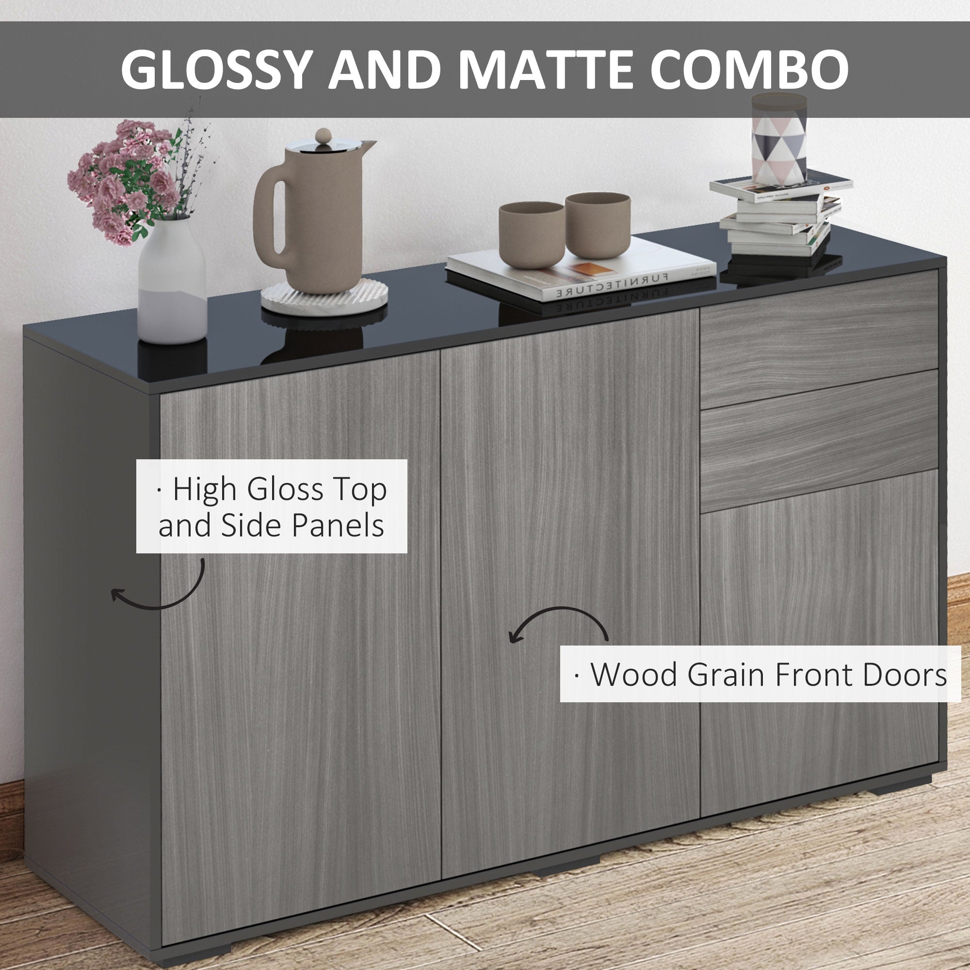 High Gloss Sideboard 117cm Wide With 3 Doors And 2 Drawers - Velmora