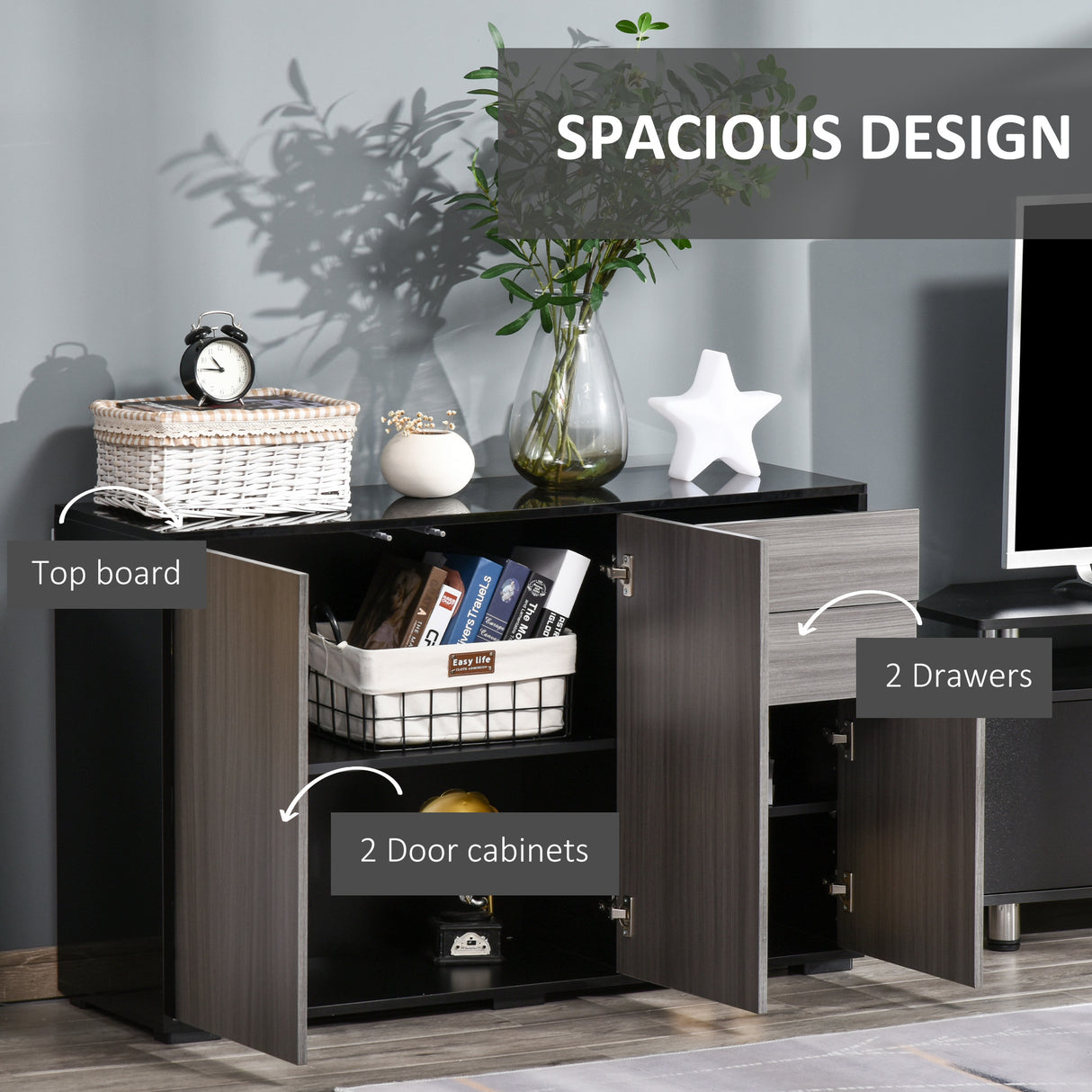 High Gloss Sideboard 117cm Wide With 3 Doors And 2 Drawers - Velmora