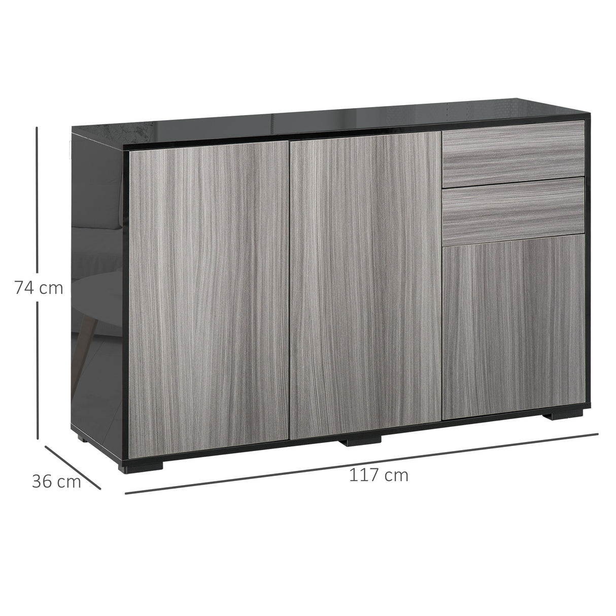 High Gloss Sideboard 117cm Wide With 3 Doors And 2 Drawers - Velmora