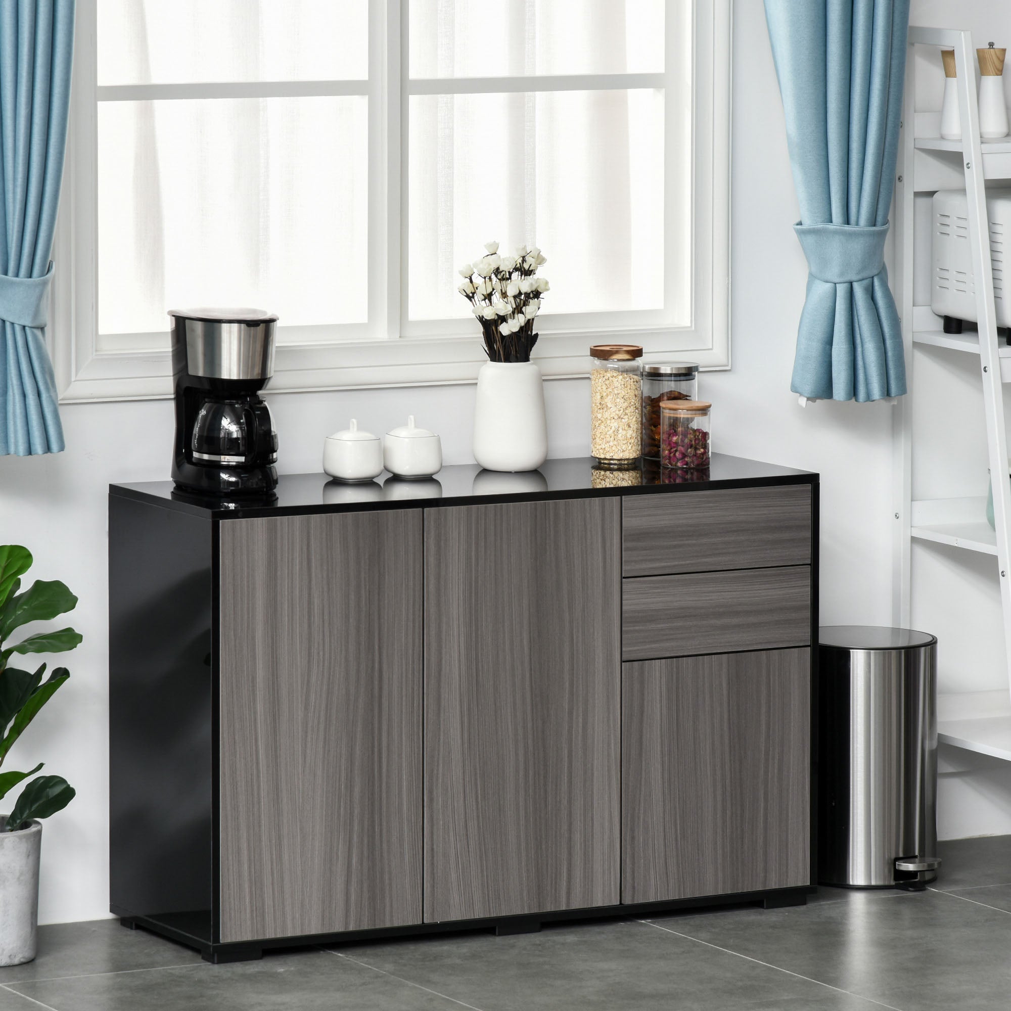 High Gloss Sideboard 117cm Wide With 3 Doors And 2 Drawers - Velmora
