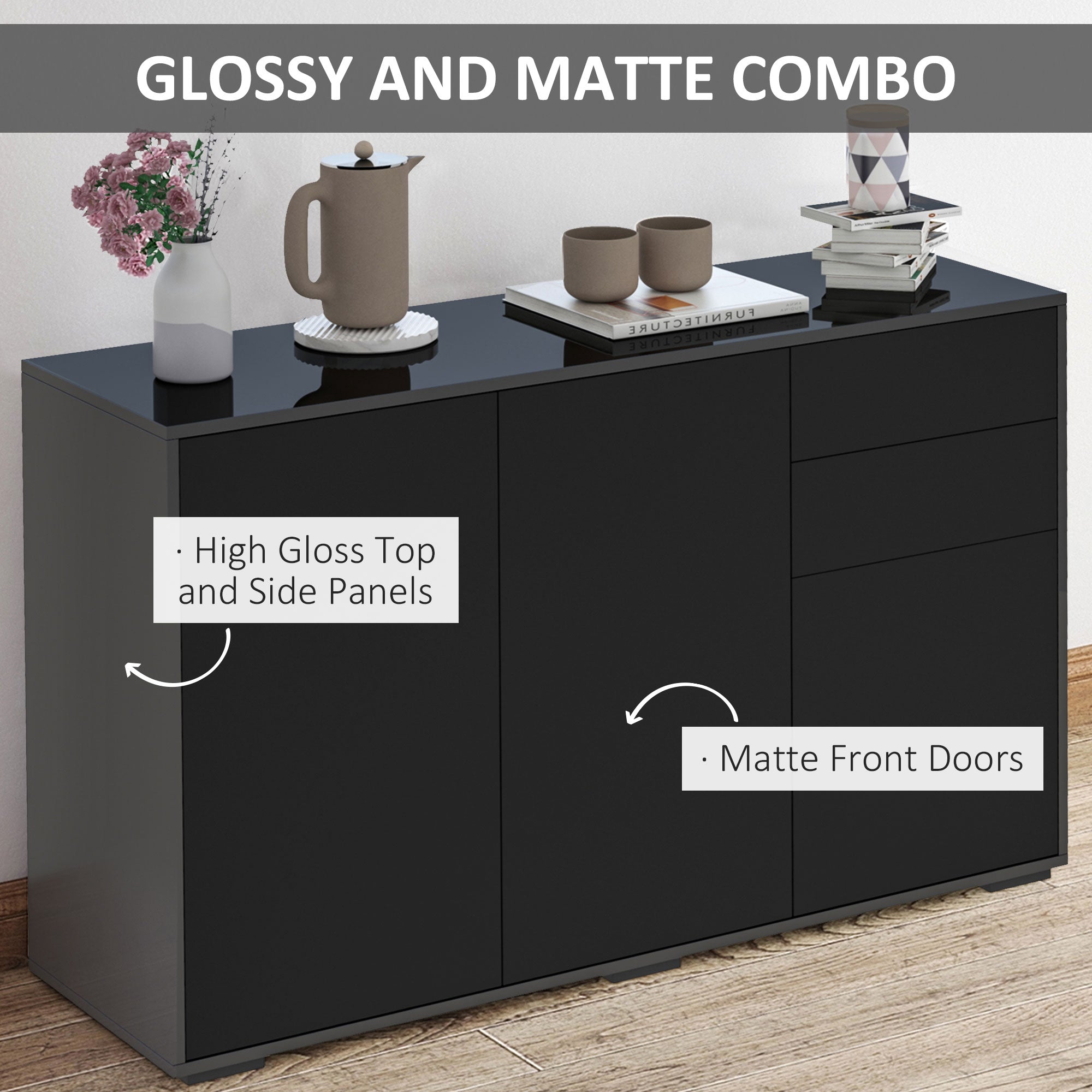 High Gloss Sideboard 117cm Wide With 3 Doors And 2 Drawers - Velmora