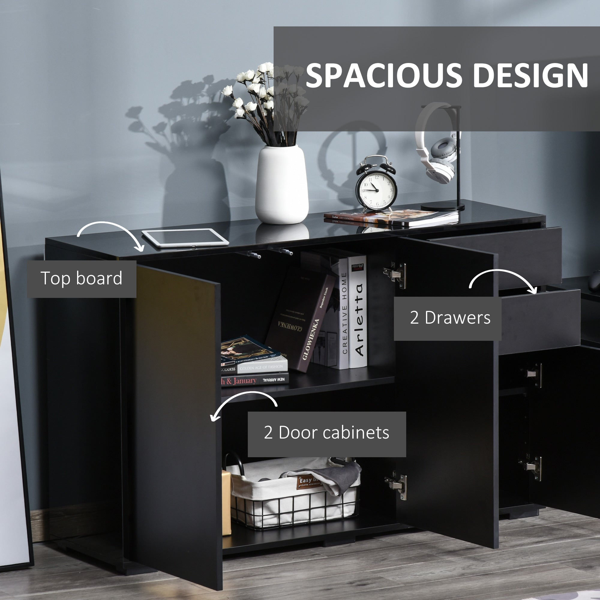 High Gloss Sideboard 117cm Wide With 3 Doors And 2 Drawers - Velmora