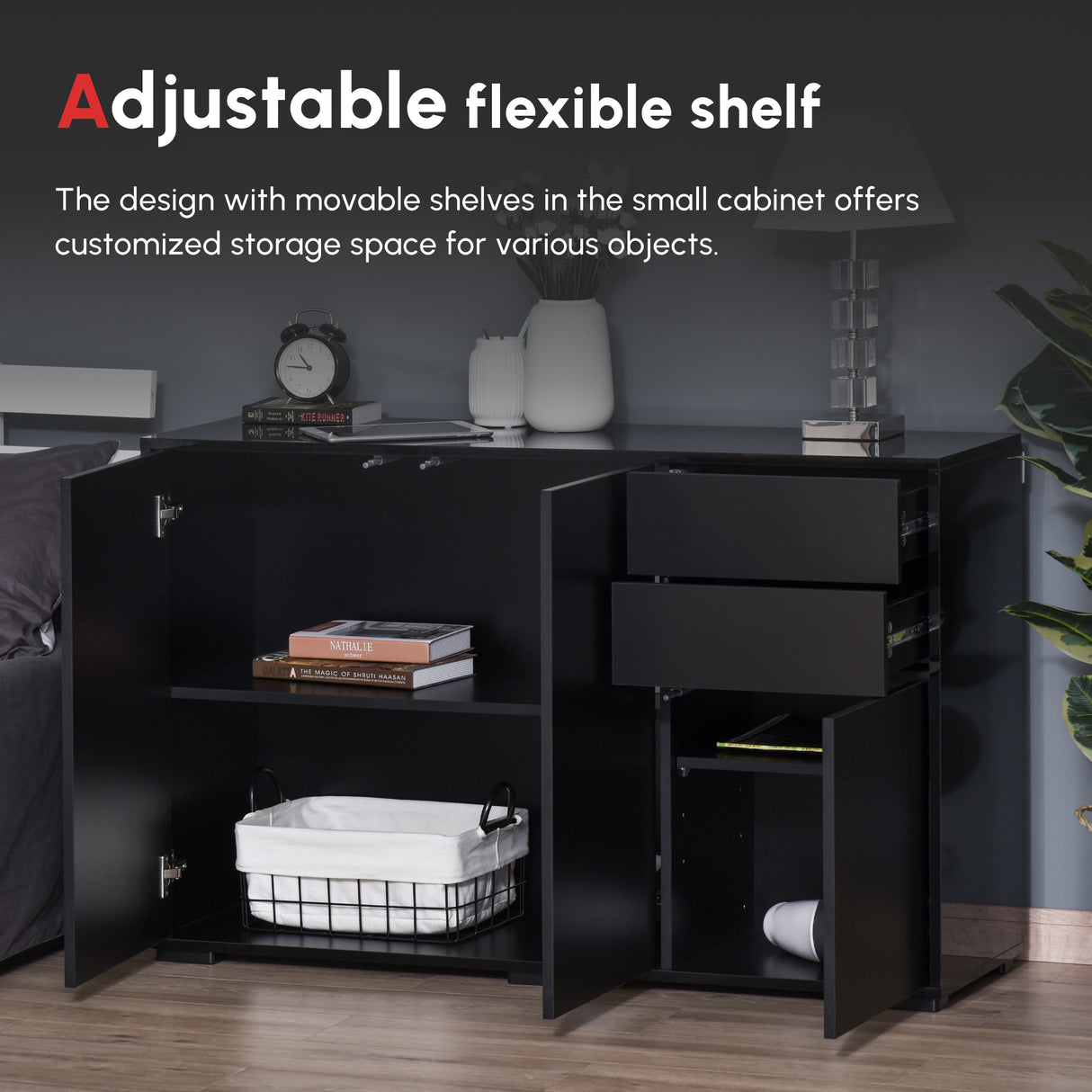 High Gloss Sideboard 117cm Wide With 3 Doors And 2 Drawers - Velmora