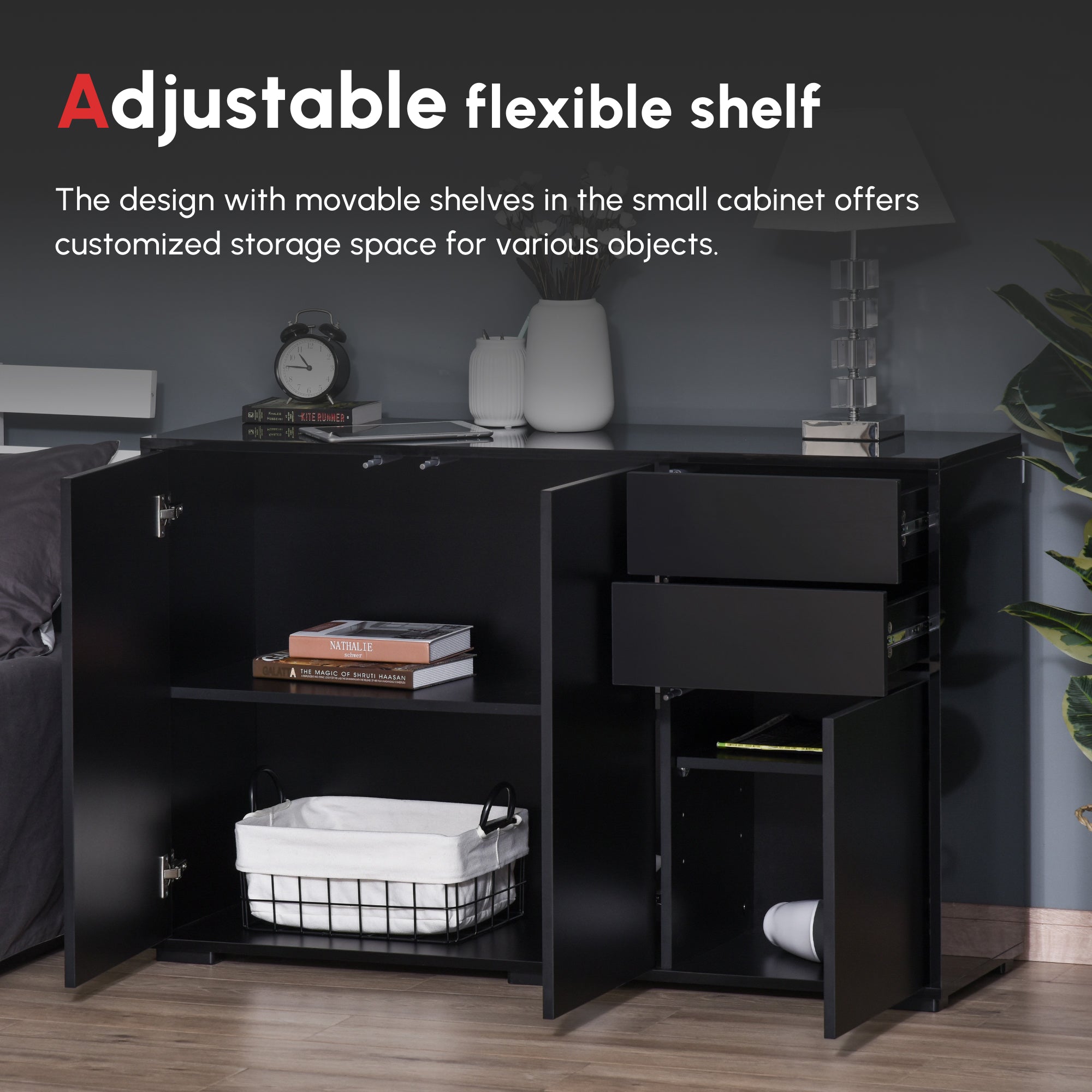 High Gloss Sideboard 117cm Wide With 3 Doors And 2 Drawers - Velmora
