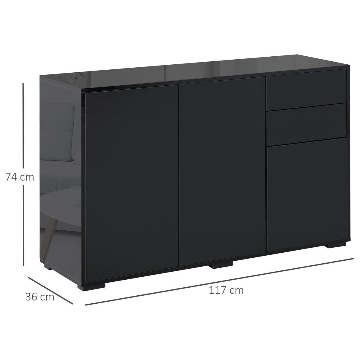 High Gloss Sideboard 117cm Wide With 3 Doors And 2 Drawers - Velmora