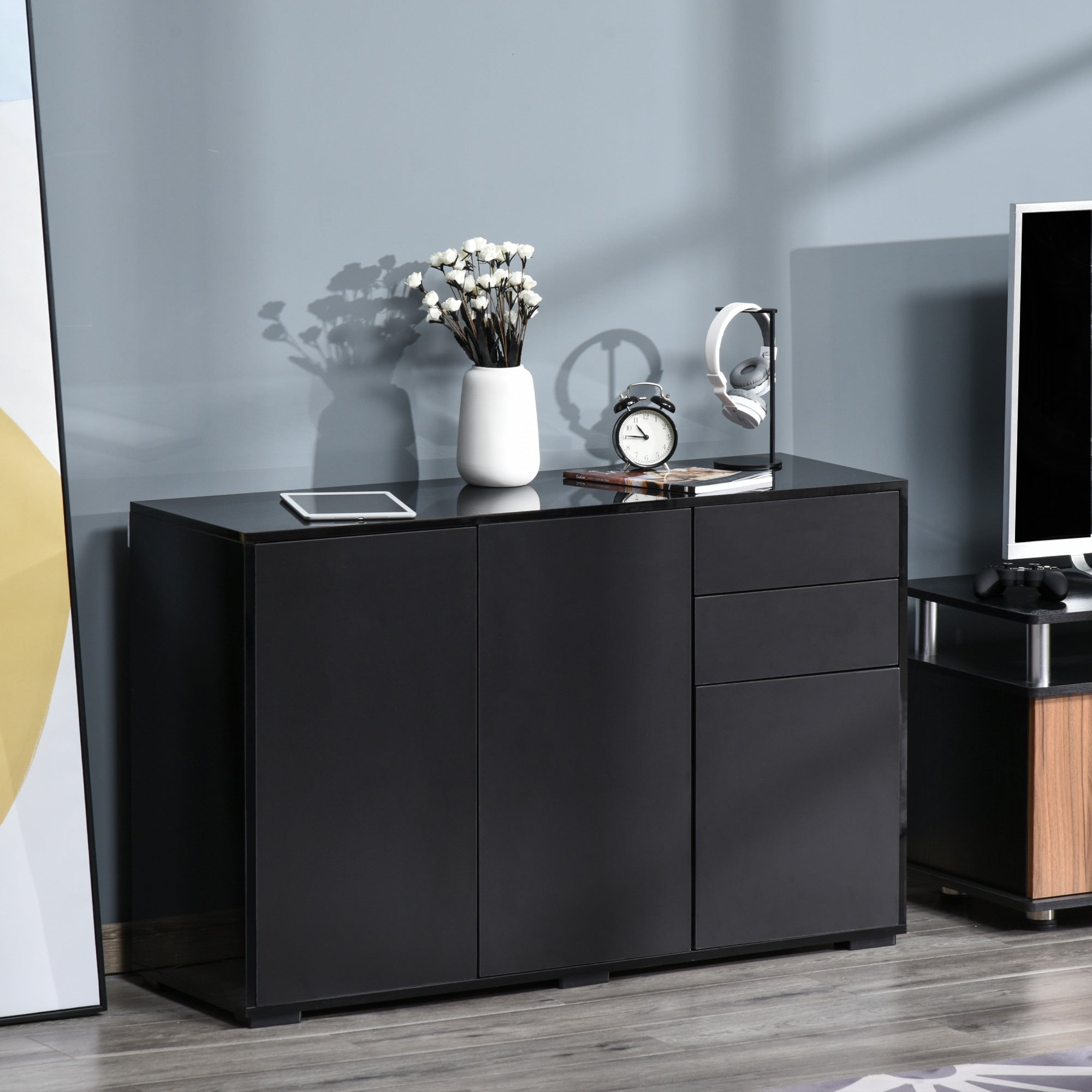 High Gloss Sideboard 117cm Wide With 3 Doors And 2 Drawers - Velmora