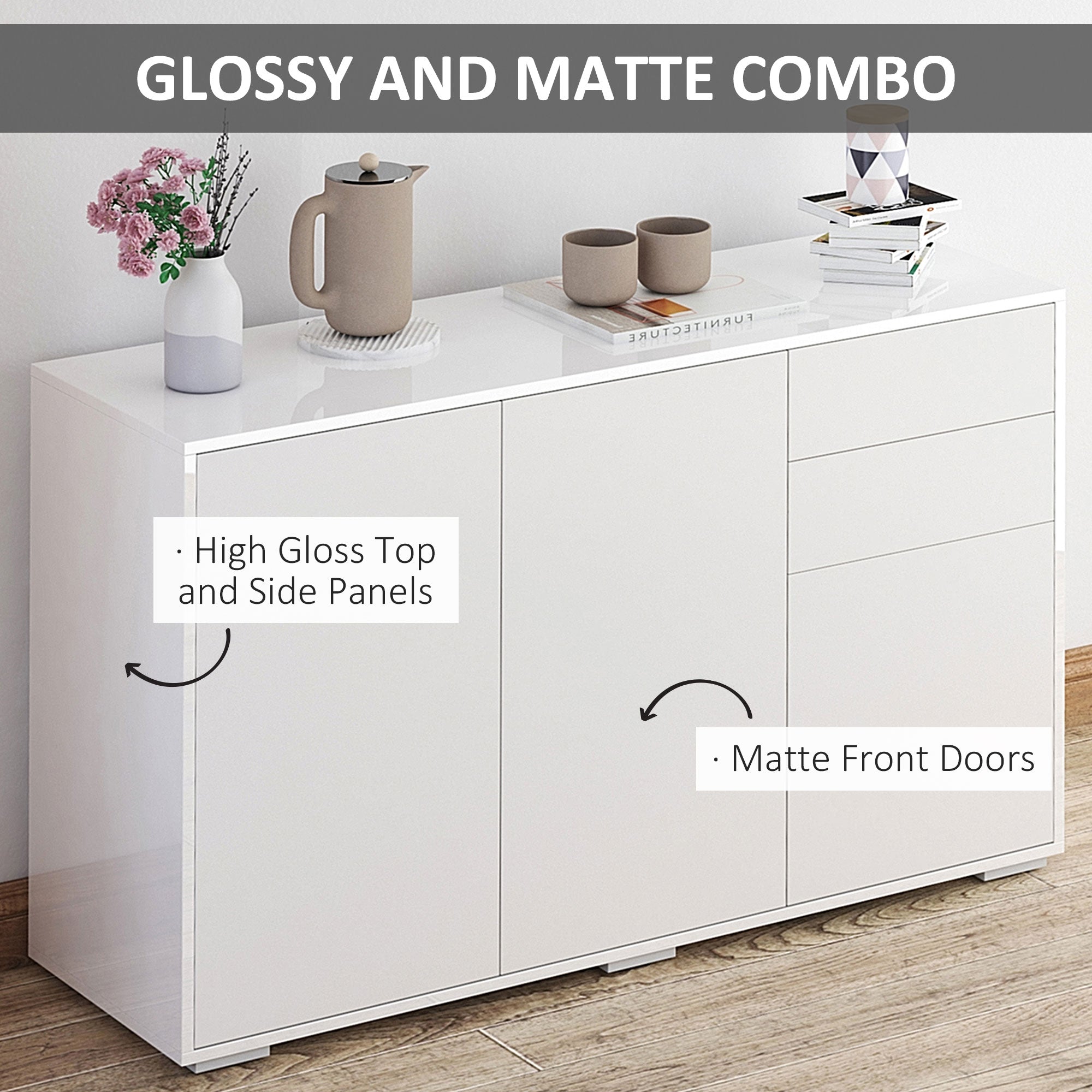 High Gloss Sideboard 117cm Wide With 3 Doors And 2 Drawers - Velmora