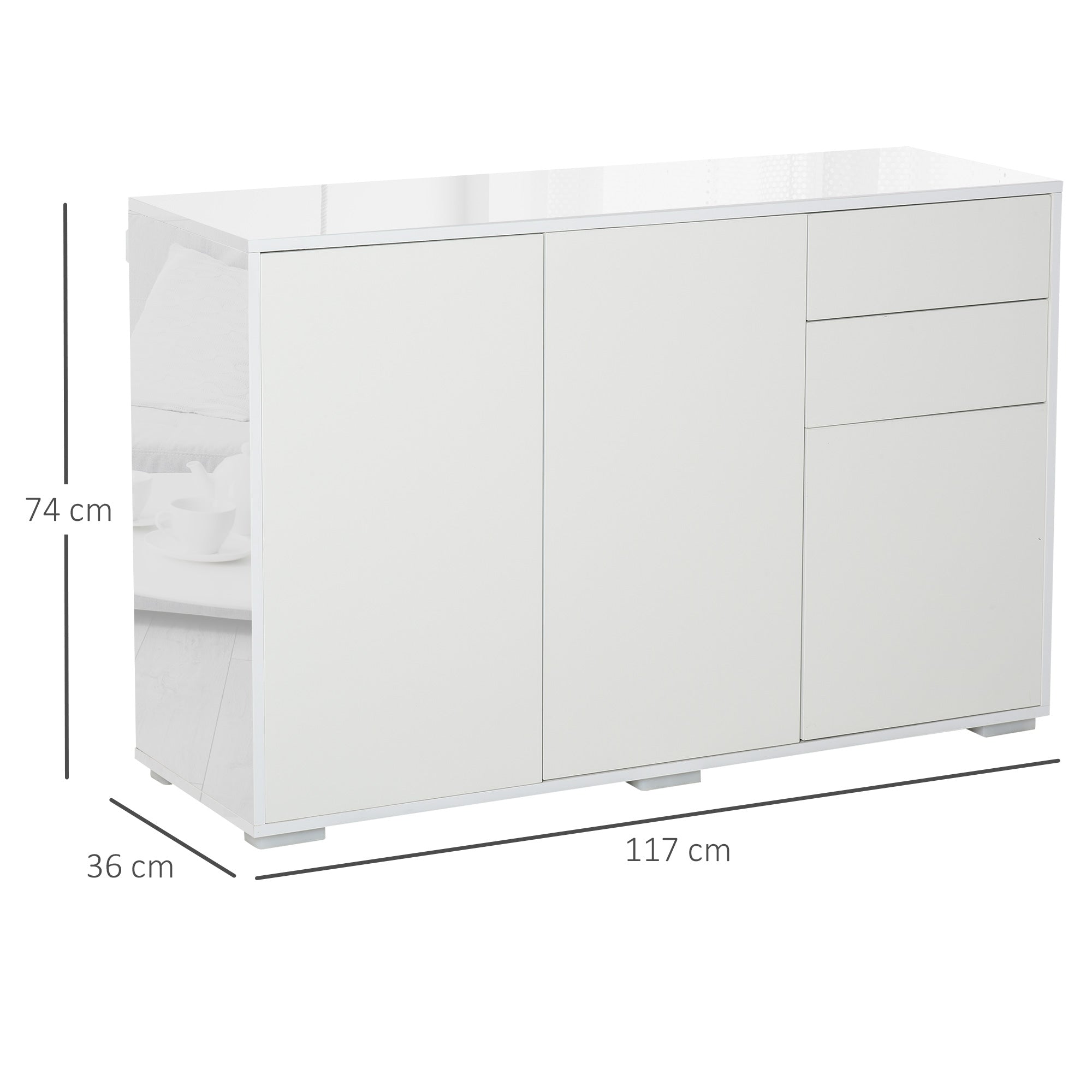 High Gloss Sideboard 117cm Wide With 3 Doors And 2 Drawers - Velmora